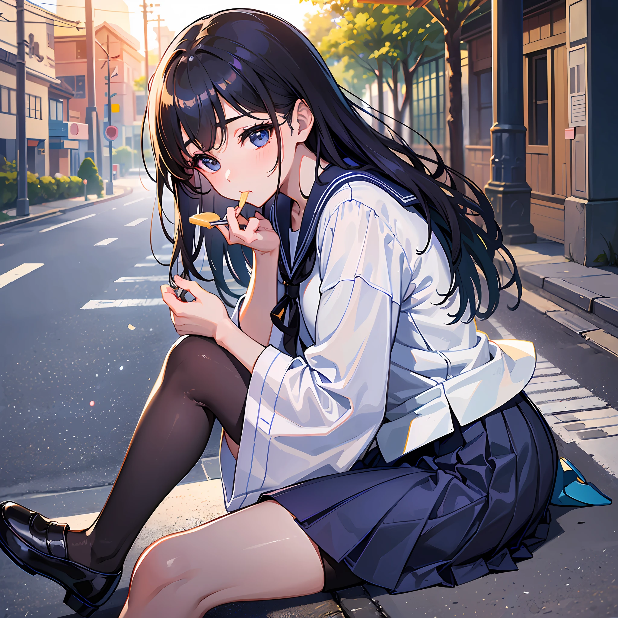((Realistic: 1.5)), ((Best Quality)), ((Masterpiece)), ((detailed)), (1girl), {Beautiful woman in sari}, (Upper body: 1.3) Japanese high school girl, little loli, sailor suit, long black stockings, blue shoes, sitting on the side of the road eating ice cream. --auto --s2