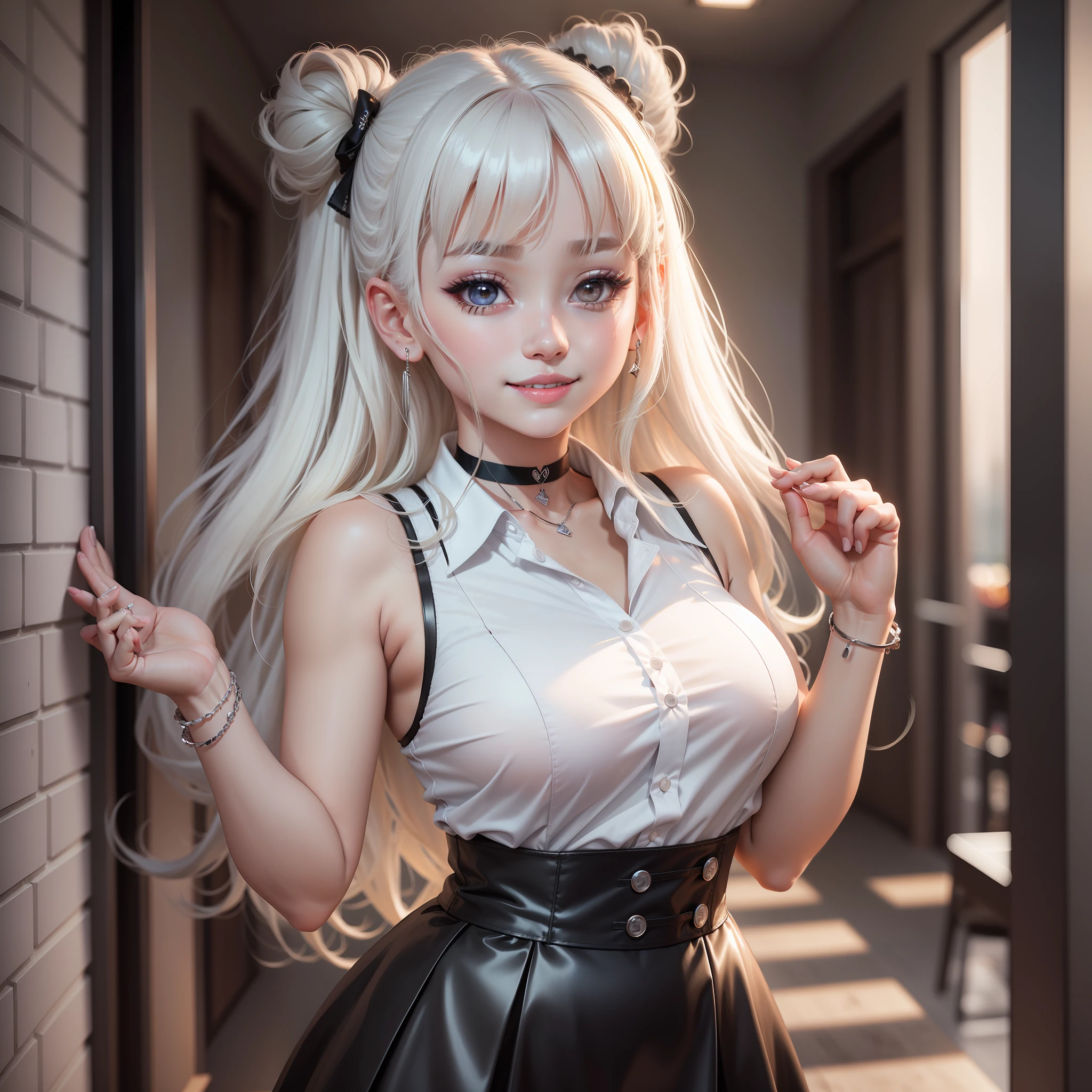 best quality, ultra high res, 1girl, sleeveless white button shirt, black skirt, black choker, cute, (Kpop idol), (aegyo sal:1), (platinum blonde hair:1), ((puffy eyes)), looking at viewer, full body, facing front, glow skin, smile, thick ass