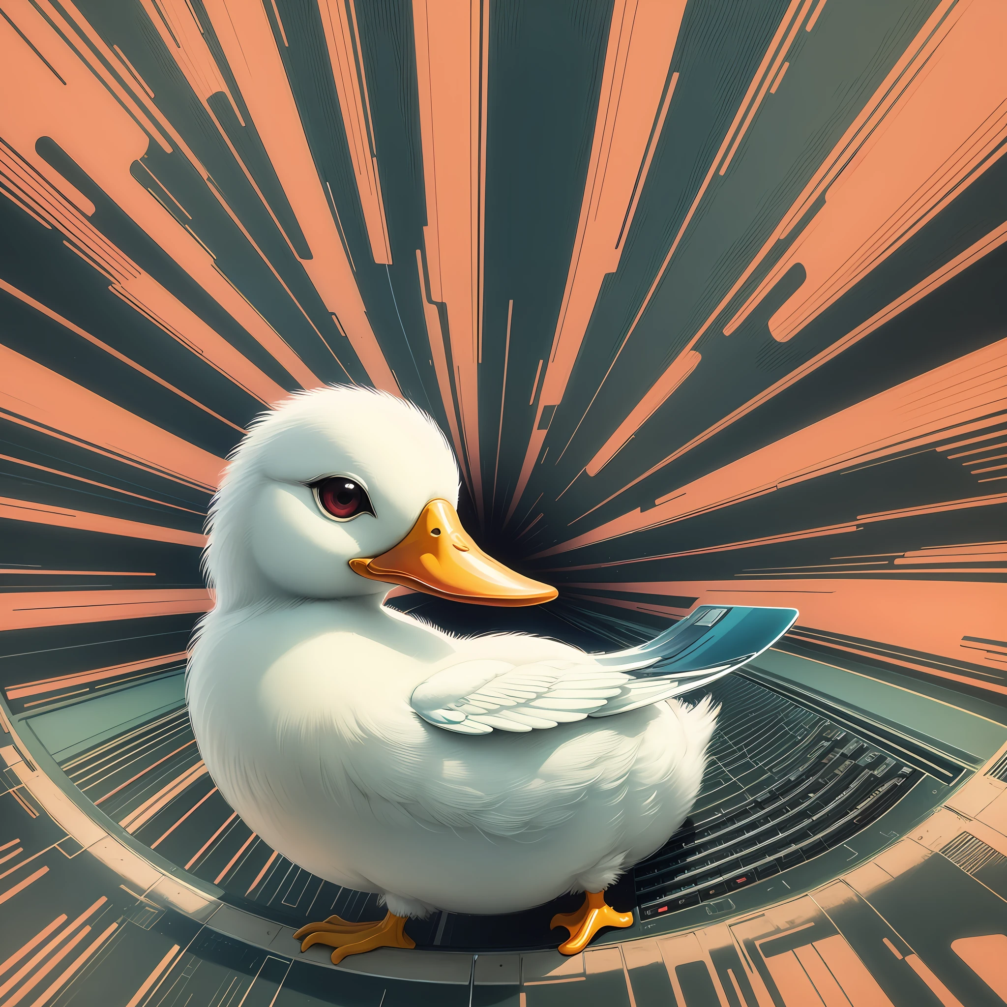 retro music album, lo-fi art, one white duck using laptop, 90s anime style, vintage art style, retro art, simple background, social media icon, cool