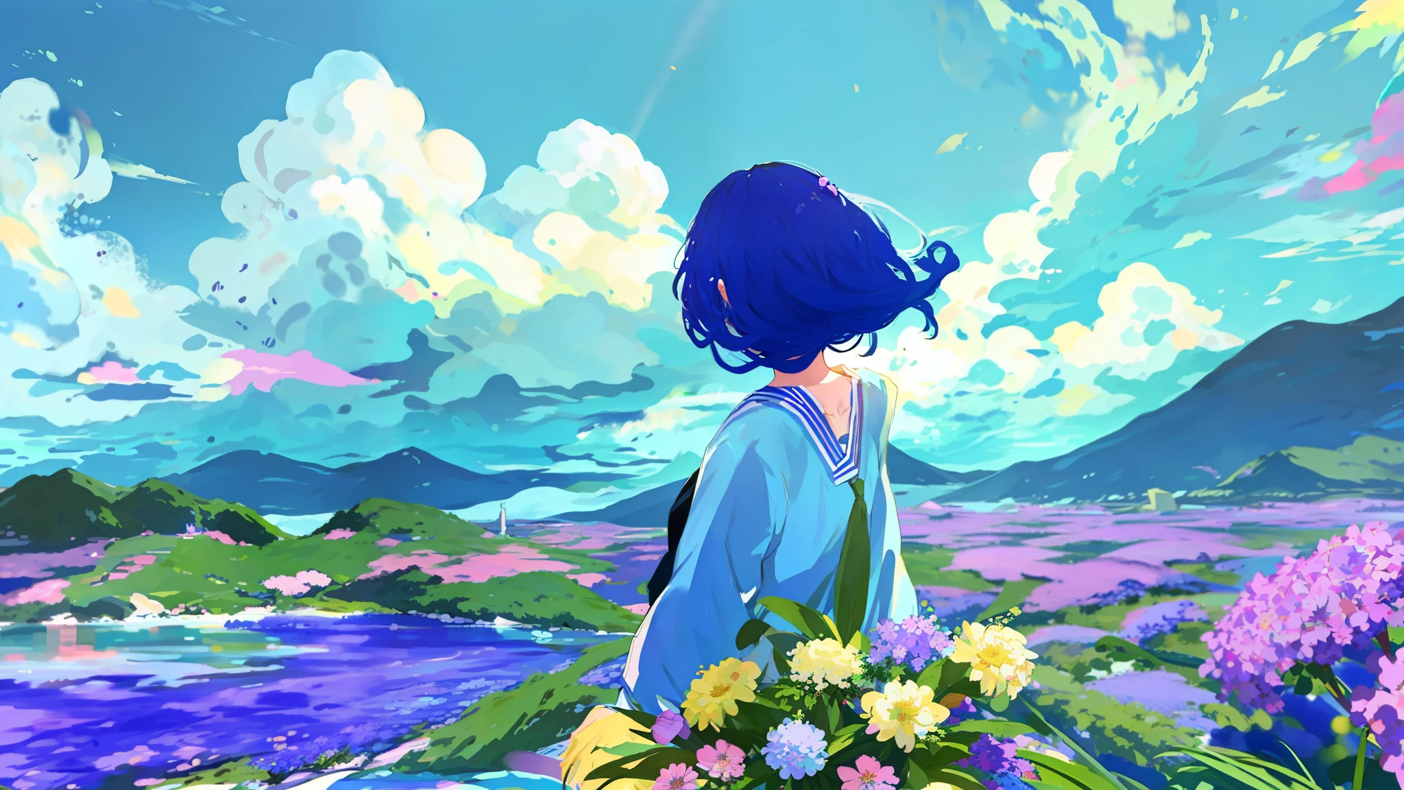 The sea of flowers anime style looking at the sky blue and white