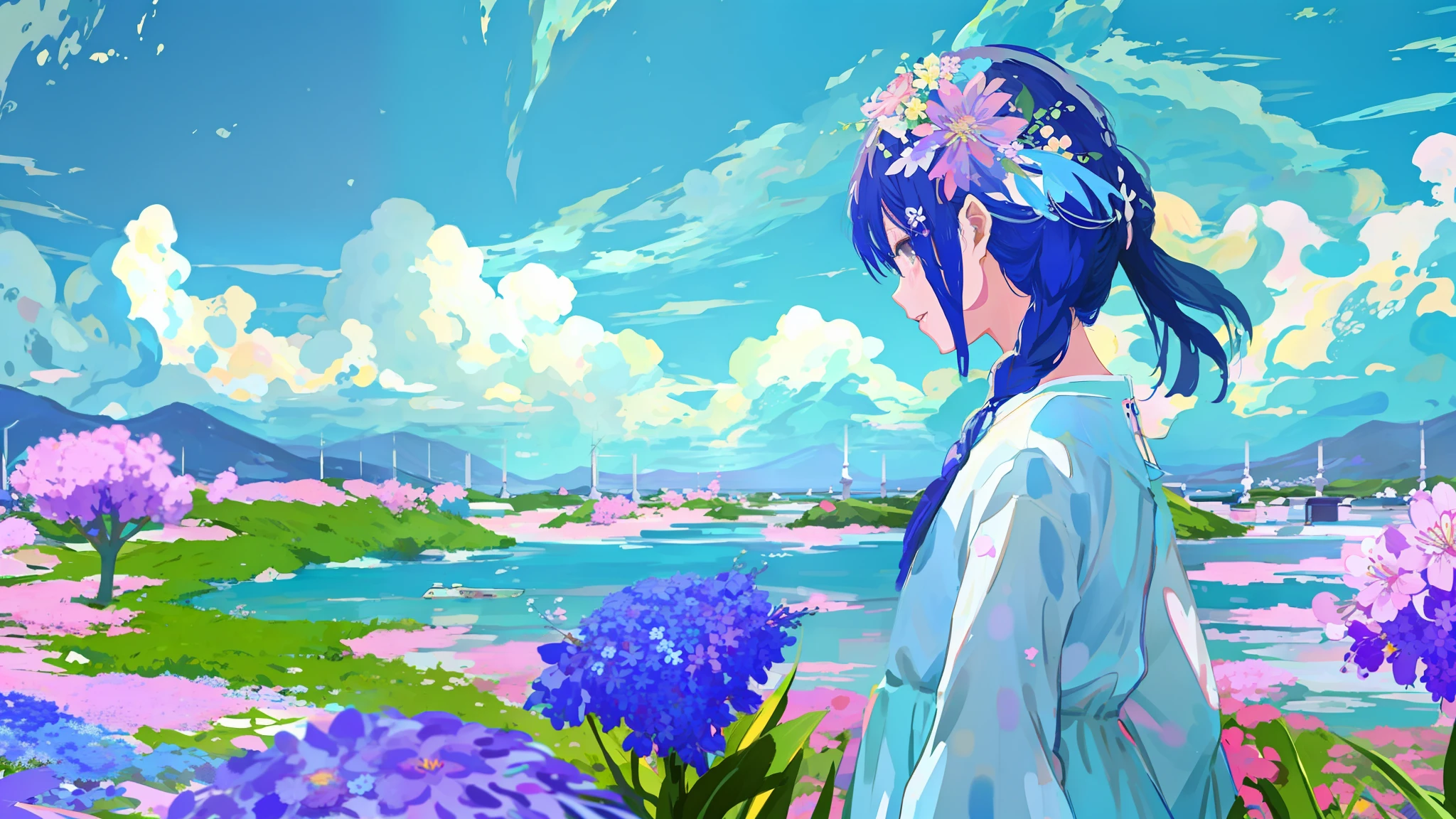 The sea of flowers anime style looking at the sky blue and white