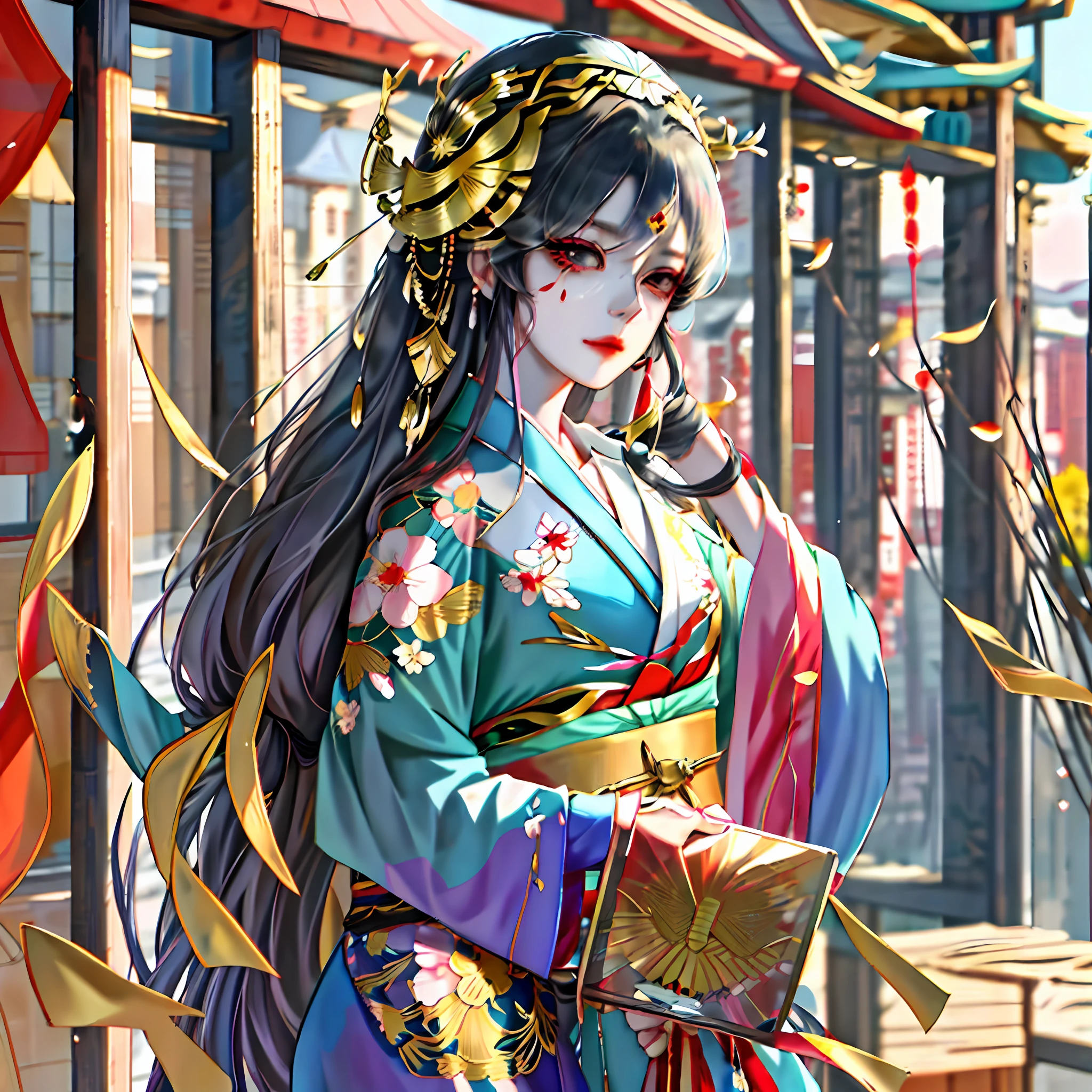 anime girl in kimono outfit holding a gold mask in front of a building, artwork in the style of guweiz, palace , a girl in hanfu, beautiful character painting, realistic anime 3 d style, guweiz, trending on cgstation, anime girl with long hair, beautiful anime portrait, digital anime illustration, beautiful anime girl, beautiful anime style