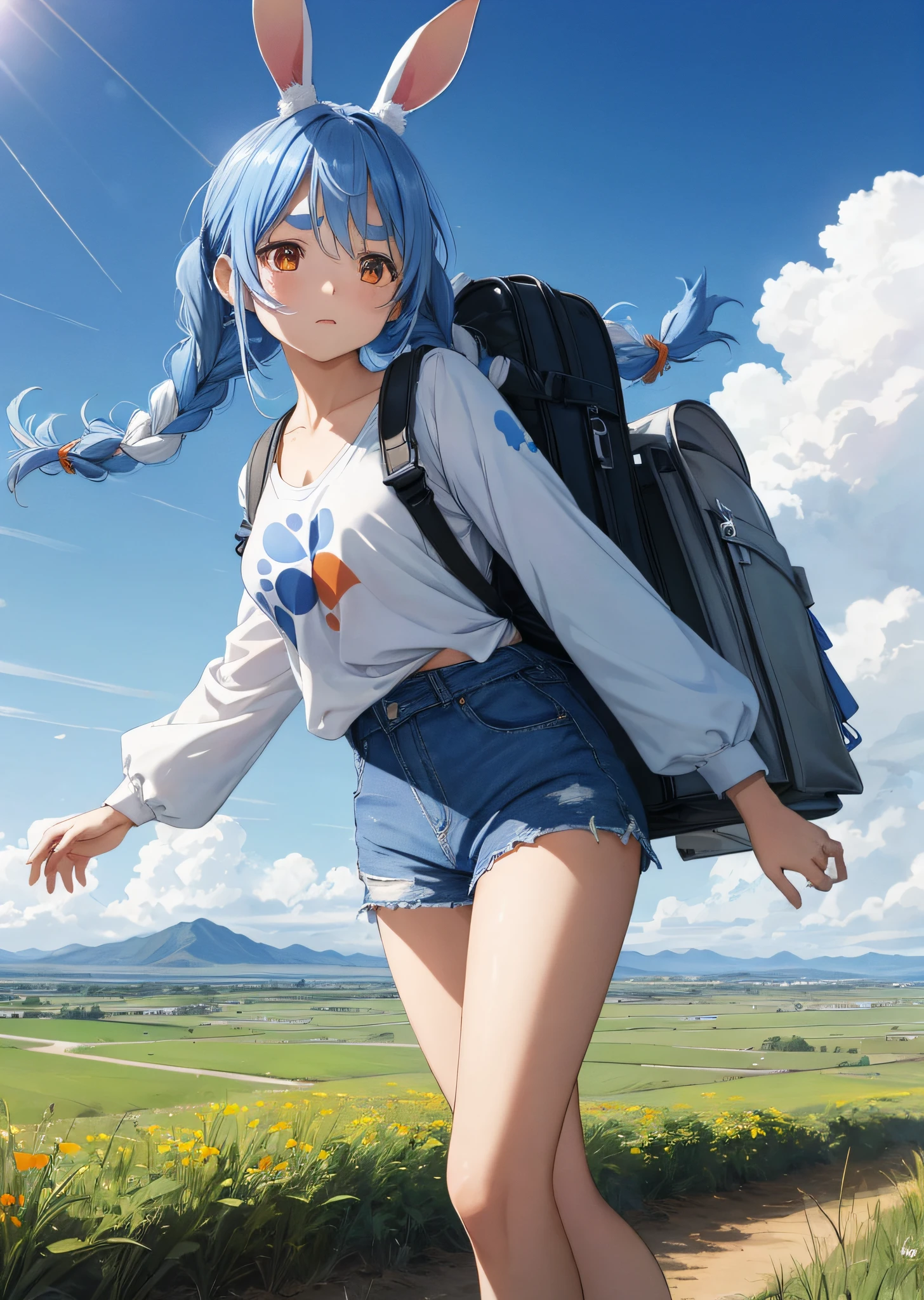 (人物: Usada Pekora), bunny girl, blue hair, twin braids, a girl, solo, The vast sky, beautiful skyline, large grasslands, extremely tense and dramatic pictures, moving visual effects, high hanging Polaris, colorful natural glare. A girl in a long-sleeved top and denim shorts with a side backpack