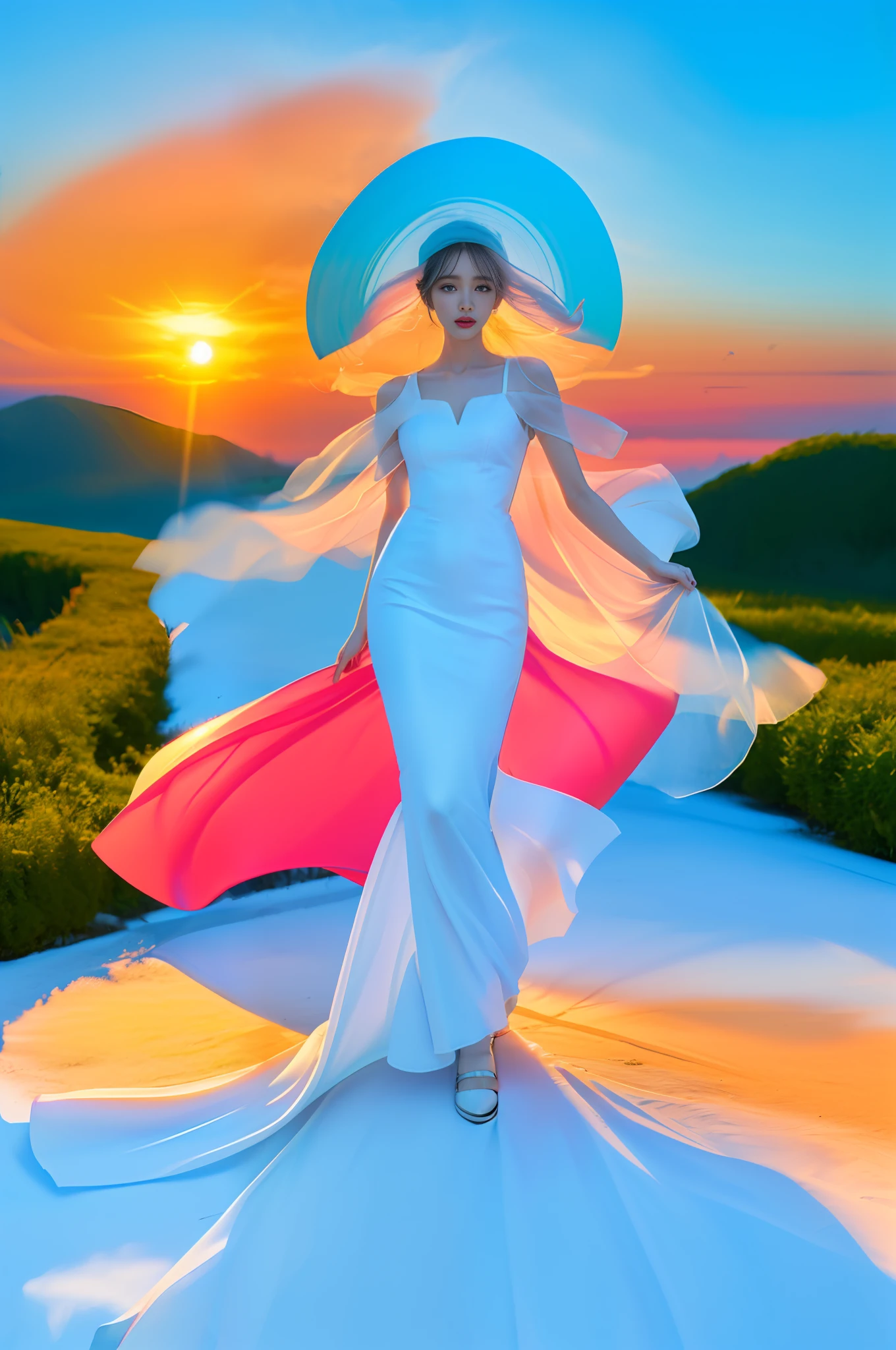 (8k, RAW photo, photorealistic:1.25), ( lip gloss, eyelashes, glossy side, shiny skin, best quality, ultra high resolution, depth of field, chromatic aberration, caustics, wide light, natural shadows, headwear, Kpop idol), (dreamy and romantic compositions: 1.5), light pink style, 1girl, (sky witch: 1.5), tall and thin beauty goddess, flowing dress, conservative girl, cloud goddess, flowing white fabric, wearing flowing dress, realistic, blue sky on background, (wind: 1.5), (full body: 1.5), add_detail,