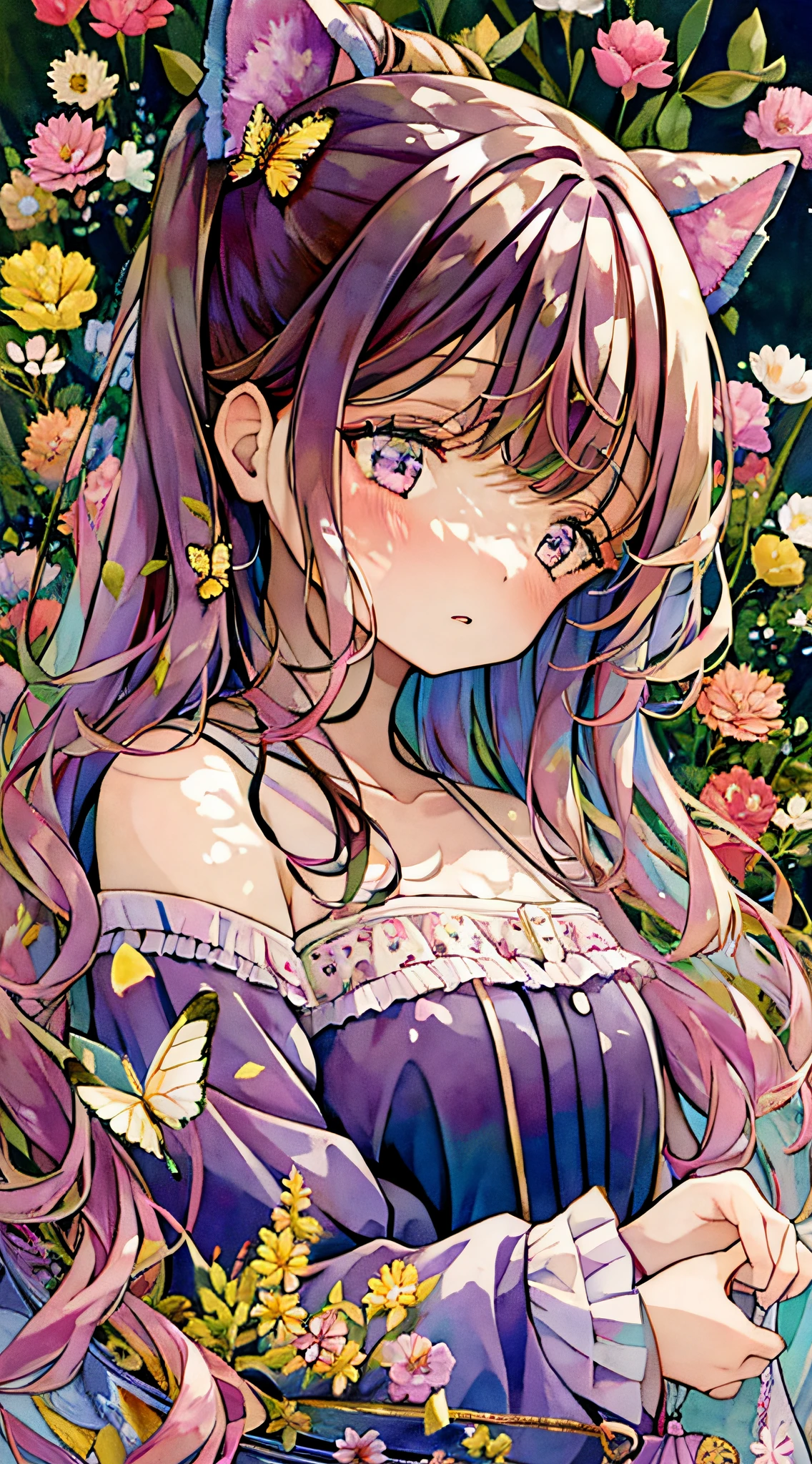 1girl, animal, artist_name, bangs, black_ribbon, blue_butterfly, blush, breasts, brown_eyes, brown_hair, bug, butterfly, butterfly_hair_ornament, butterfly_on_hand, butterfly_wings, collarbone, daisy, eyebrows_visible_through_hair, flower, glowing_butterfly, hair_between_eyes, holding, holding_flower, leaf, lily_\(flower\), long_hair, long_sleeves, looking_at_viewer, lotus, marker_\(medium\), medium_breasts, multicolored_hair, painting_\(medium\), parted_lips, pink_eyes, pink_flower, purple_eyes, purple_flower, purple_hair, ribbon, solo, traditional_media, tulip, upper_body, watercolor_\(medium\), white_butterfly, yellow_butterfly