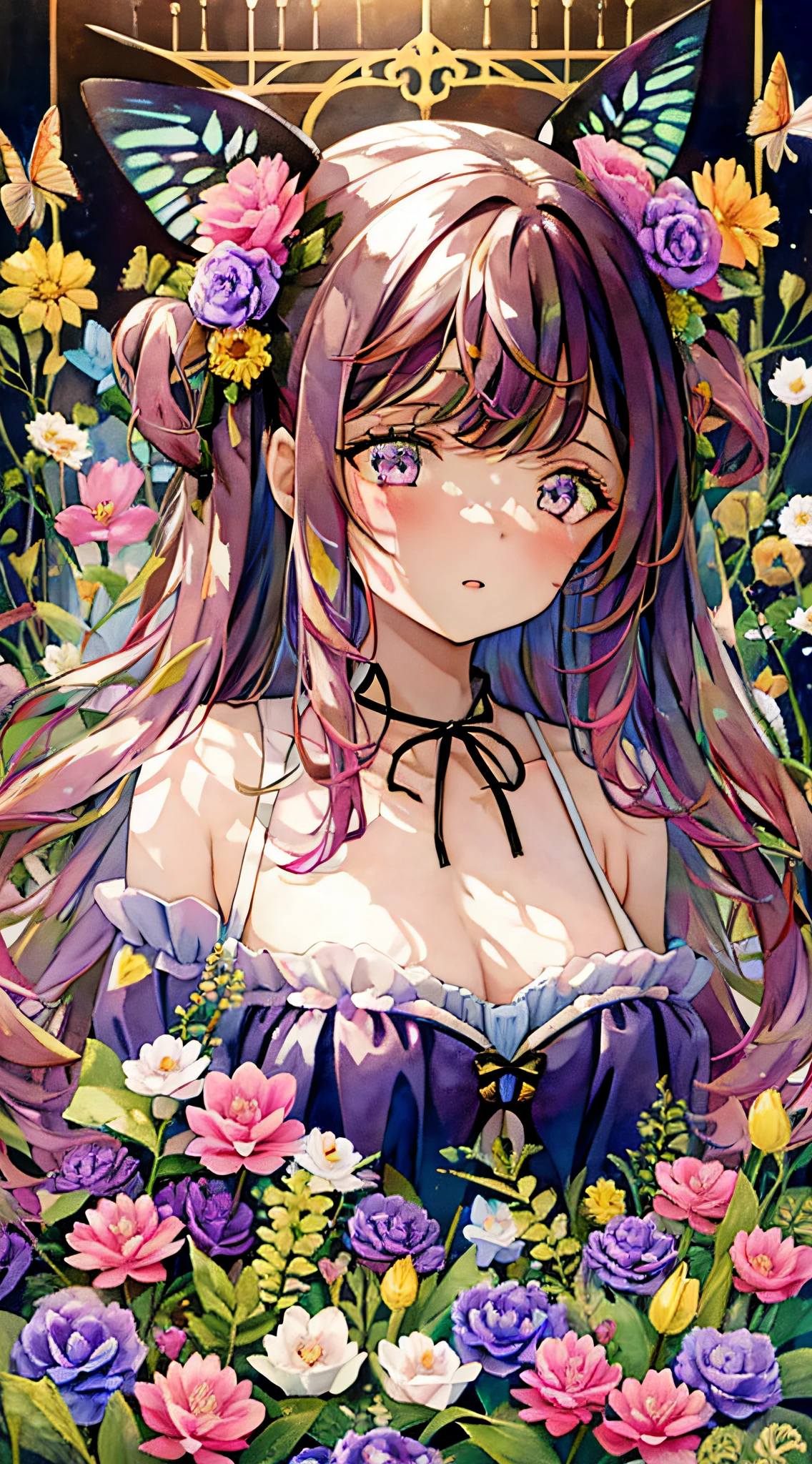 1girl, animal, artist_name, bangs, black_ribbon, blue_butterfly, blush, breasts, brown_eyes, brown_hair, bug, butterfly, butterfly_hair_ornament, butterfly_on_hand, butterfly_wings, collarbone, daisy, eyebrows_visible_through_hair, flower, glowing_butterfly, hair_between_eyes, holding, holding_flower, leaf, lily_\(flower\), long_hair, long_sleeves, looking_at_viewer, lotus, marker_\(medium\), medium_breasts, multicolored_hair, painting_\(medium\), parted_lips, pink_eyes, pink_flower, purple_eyes, purple_flower, purple_hair, ribbon, solo, traditional_media, tulip, upper_body, watercolor_\(medium\), white_butterfly, yellow_butterfly