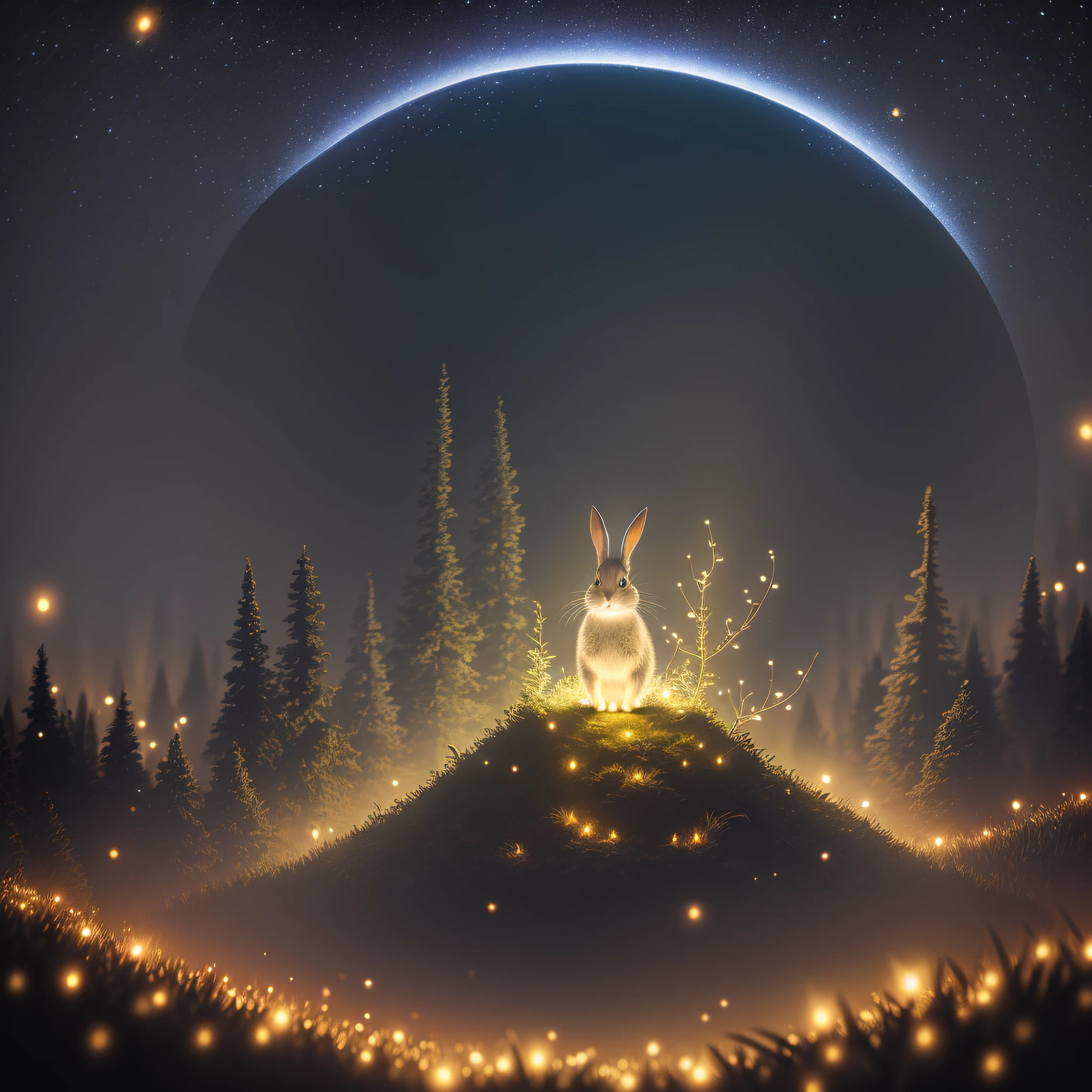 close up photo of a rabbit in an enchanted forest, nighttime, fireflies, volumetric fog, halation, bloom, dramatic atmosphere, centred, rule of thirds, 200mm 1.4f macro shot