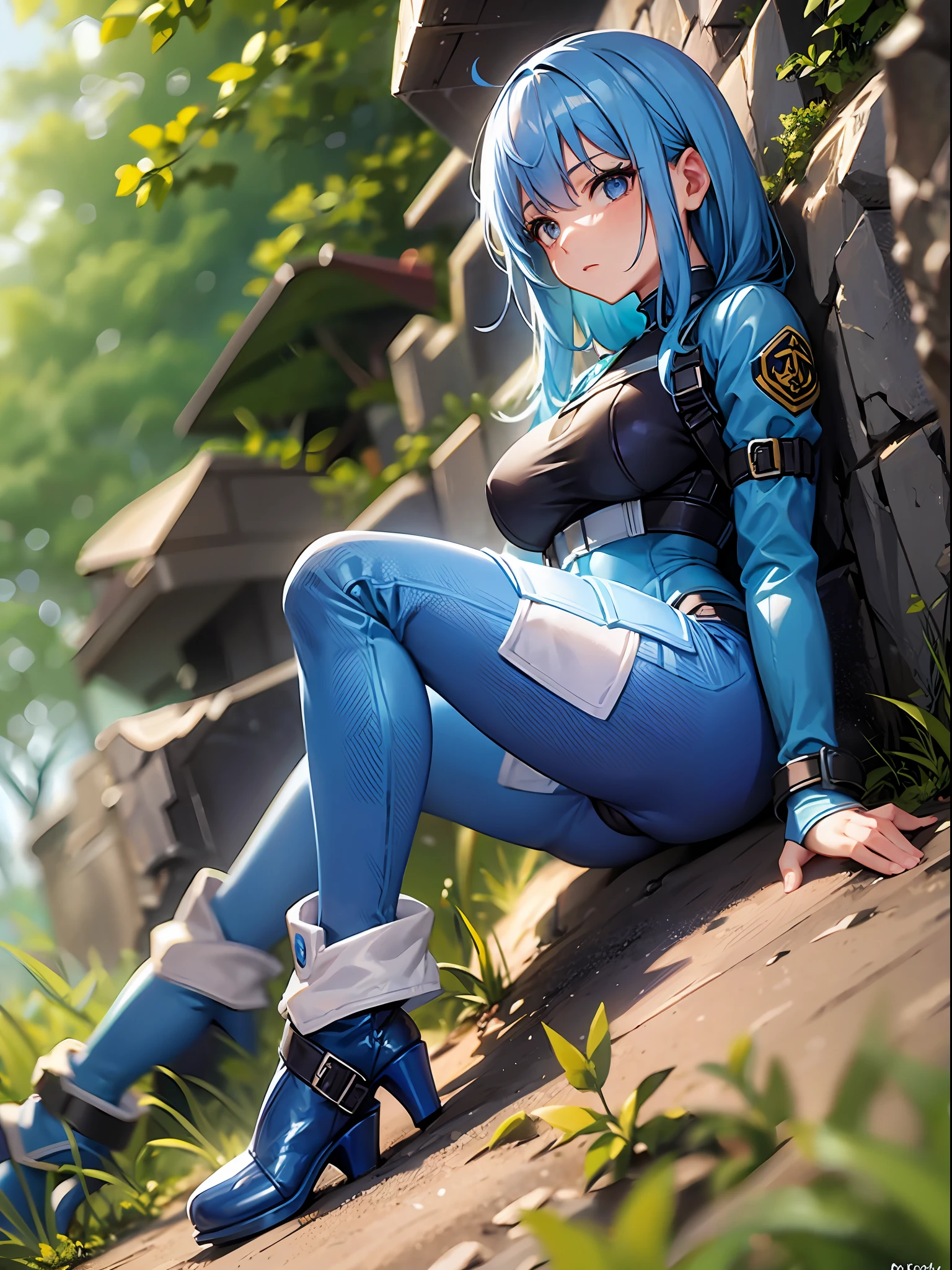 blue hair, blue bodysuit, blue waistband, blue boots, girl, outdoor