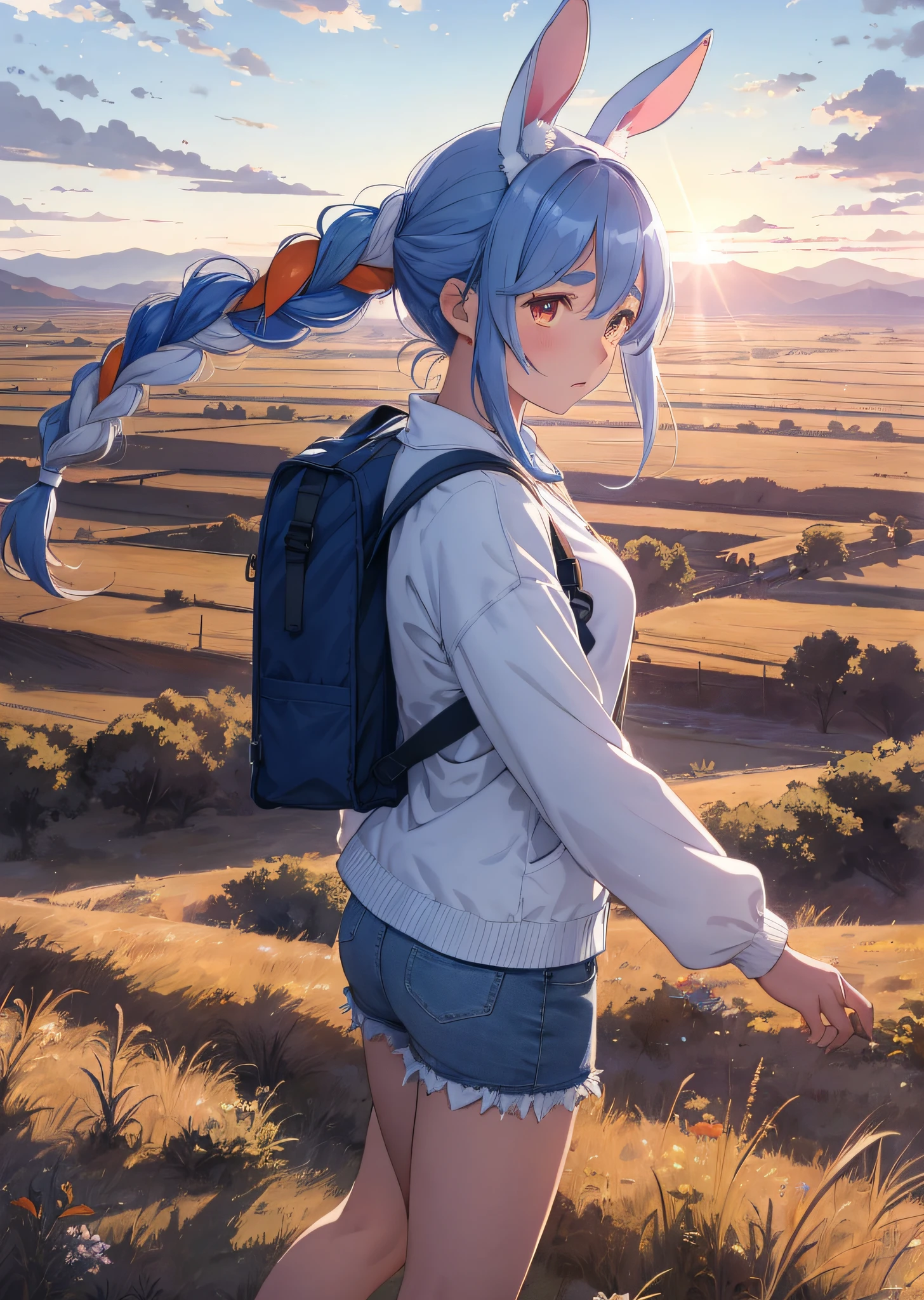 (人物: Usada Pekora), bunny girl, blue hair, twin braids, a girl, solo, The vast sky, beautiful skyline, large grasslands, extremely tense and dramatic pictures, moving visual effects, high hanging Polaris, colorful natural glare. A girl in a long-sleeved top and denim shorts with a side backpack