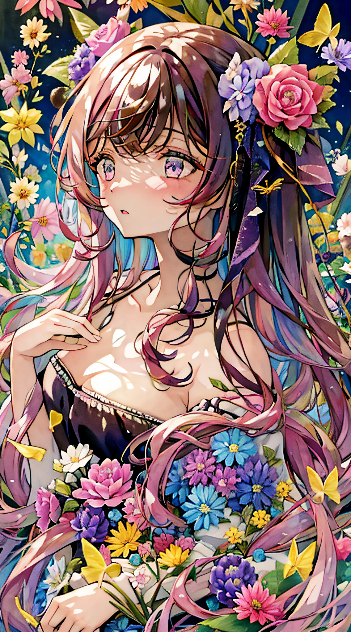 1girl, animal, artist_name, bangs, black_ribbon, blue_butterfly, blush, breasts, brown_eyes, brown_hair, bug, butterfly, butterfly_hair_ornament, butterfly_on_hand, butterfly_wings, collarbone, daisy, eyebrows_visible_through_hair, flower, glowing_butterfly, hair_between_eyes, holding, holding_flower, leaf, lily_\(flower\), long_hair, long_sleeves, looking_at_viewer, lotus, marker_\(medium\), medium_breasts, multicolored_hair, painting_\(medium\), parted_lips, pink_eyes, pink_flower, purple_eyes, purple_flower, purple_hair, ribbon, solo, traditional_media, tulip, upper_body, watercolor_\(medium\), white_butterfly, yellow_butterfly