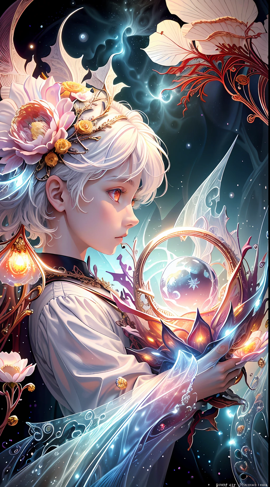 Realistic, (Masterpiece, Top Quality, Best Quality, Official Art, Beauty and Aesthetics: 1.2), Very Detailed, Fractal Art, Colorful, Most Detailed, Zentangle, (Abstract Background: 1.5) (1boy: 1.3), Gods, White Hair, (Glowing Red Eyes), Mysterious, (Magic), Ice, ((Flowers on the Other Side)), Yellow Spring, Hell