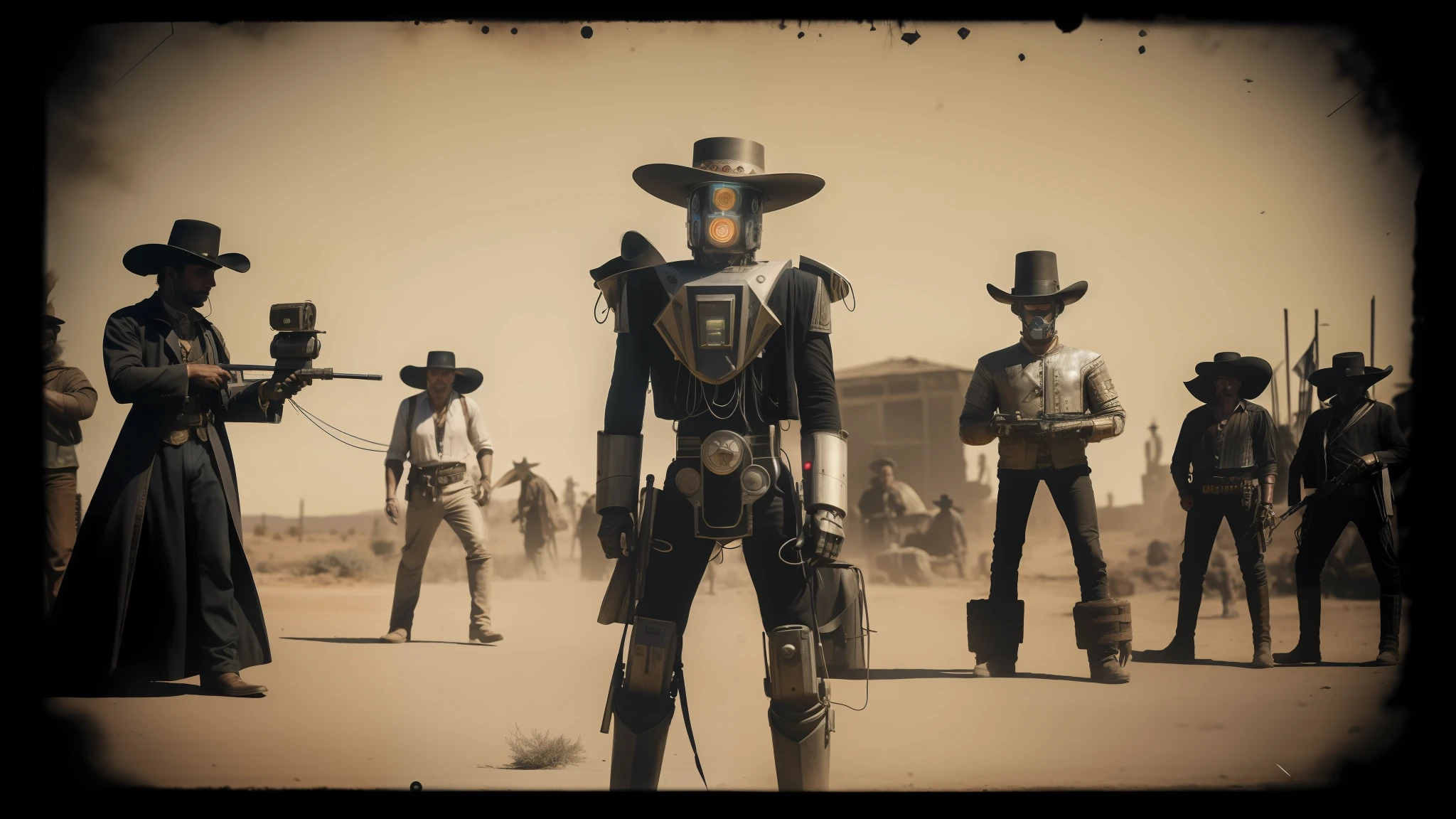 there are many people dressed up in costumes and hats, cyberpunk wild west, historic photo, robot, gray men, argos, the desert, cinematic realistic photo, the watchers, bossfight, awarded photograph, historical picture