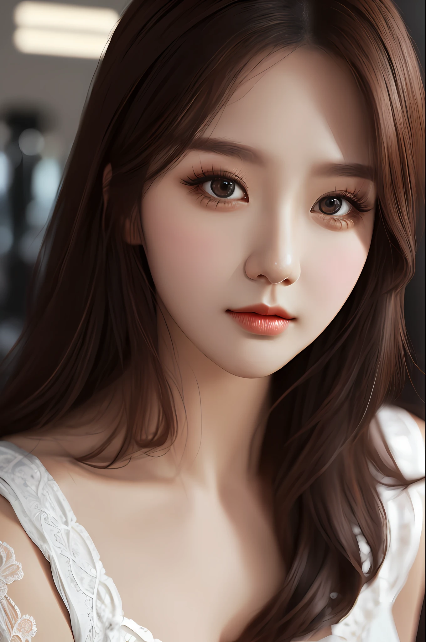 Very detailed eyes, very detailed face, very beautiful woman, best quality, Korean style, super detailed (photorealistic), big, glamour, brown hair, gym sitting,