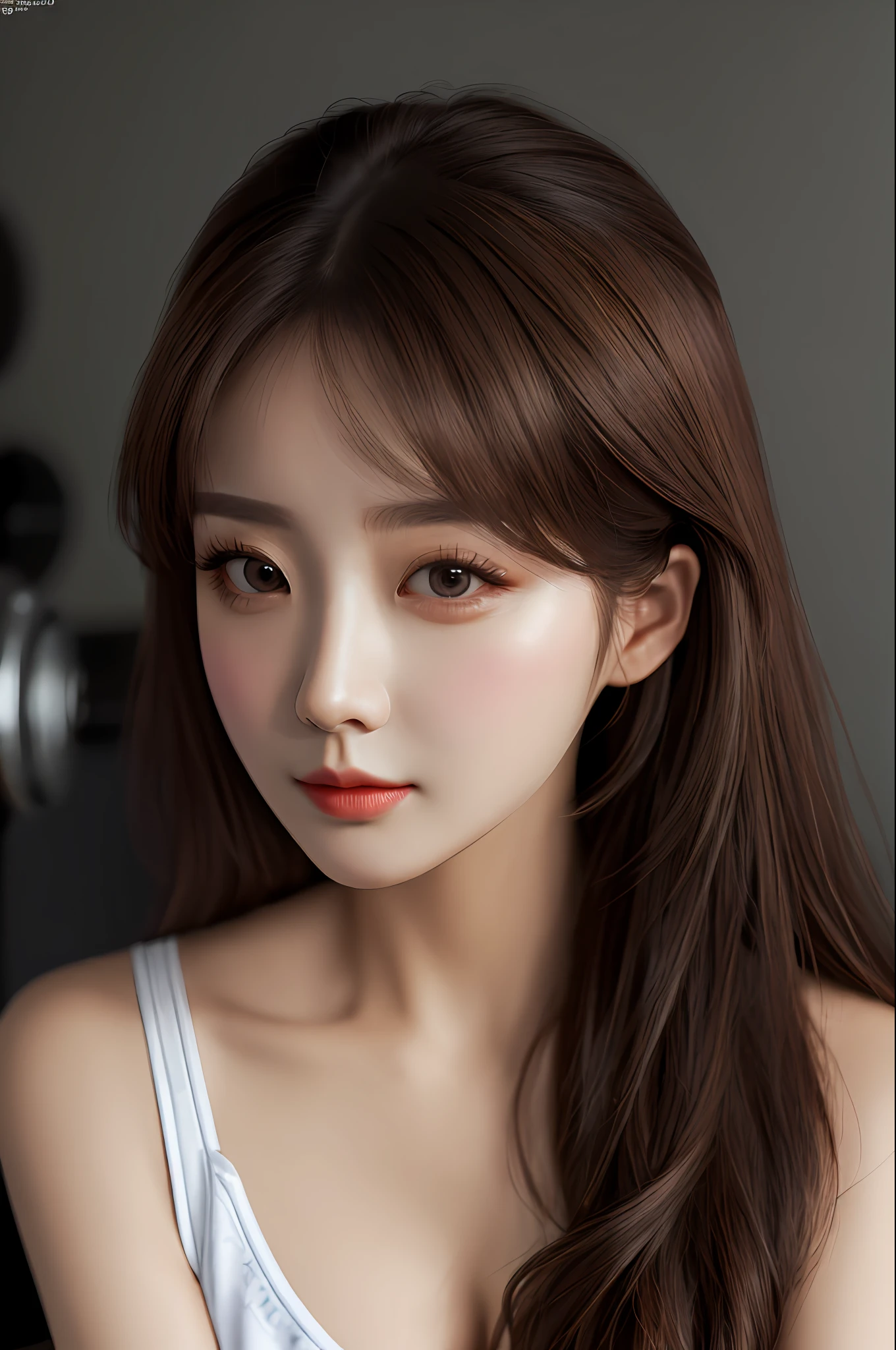 Very detailed eyes, very detailed face, very beautiful woman, best quality, Korean style, super detailed (photorealistic), big, glamour, brown hair, gym sitting,