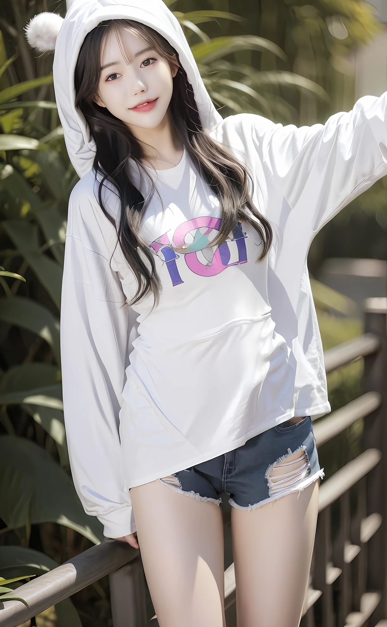 Realism, 8k, 1girl, long wavy curls, pale skin (Korean beauty), (smiling) young beauty, thick eyebrows, ((d cups)), ((good figure)), (tight) shorts, small waist, wide thighs, standing one thigh up, wide thigh gap, legs apart