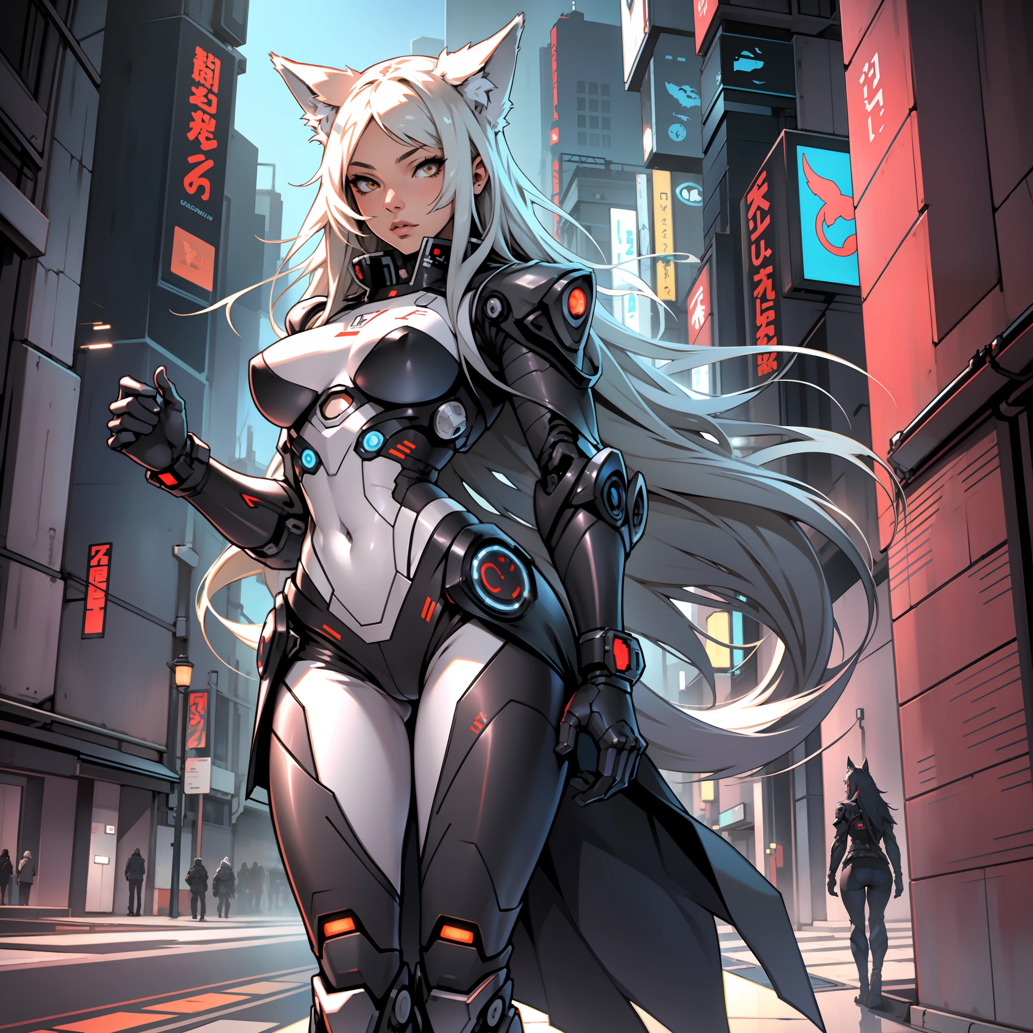 human wolf, woman, anime, realistic, futuristic, full body, long hair, sexy, erotic style, ultra-detailed, high quality erotic, super cute, noble, wearing fashionable underwear. Robots