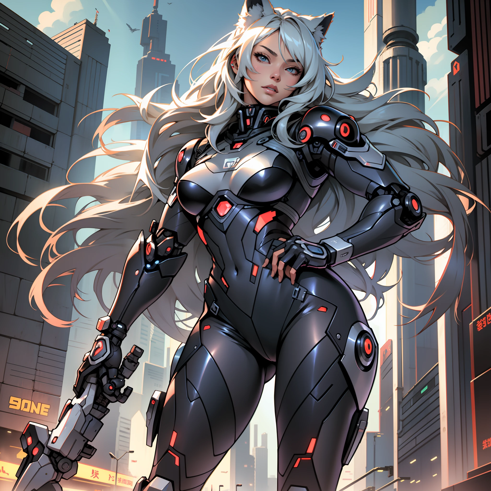 human wolf, woman, anime, realistic, futuristic, full body, long hair, sexy, erotic style, ultra-detailed, high quality erotic, super cute, noble, wearing fashionable underwear. Robots