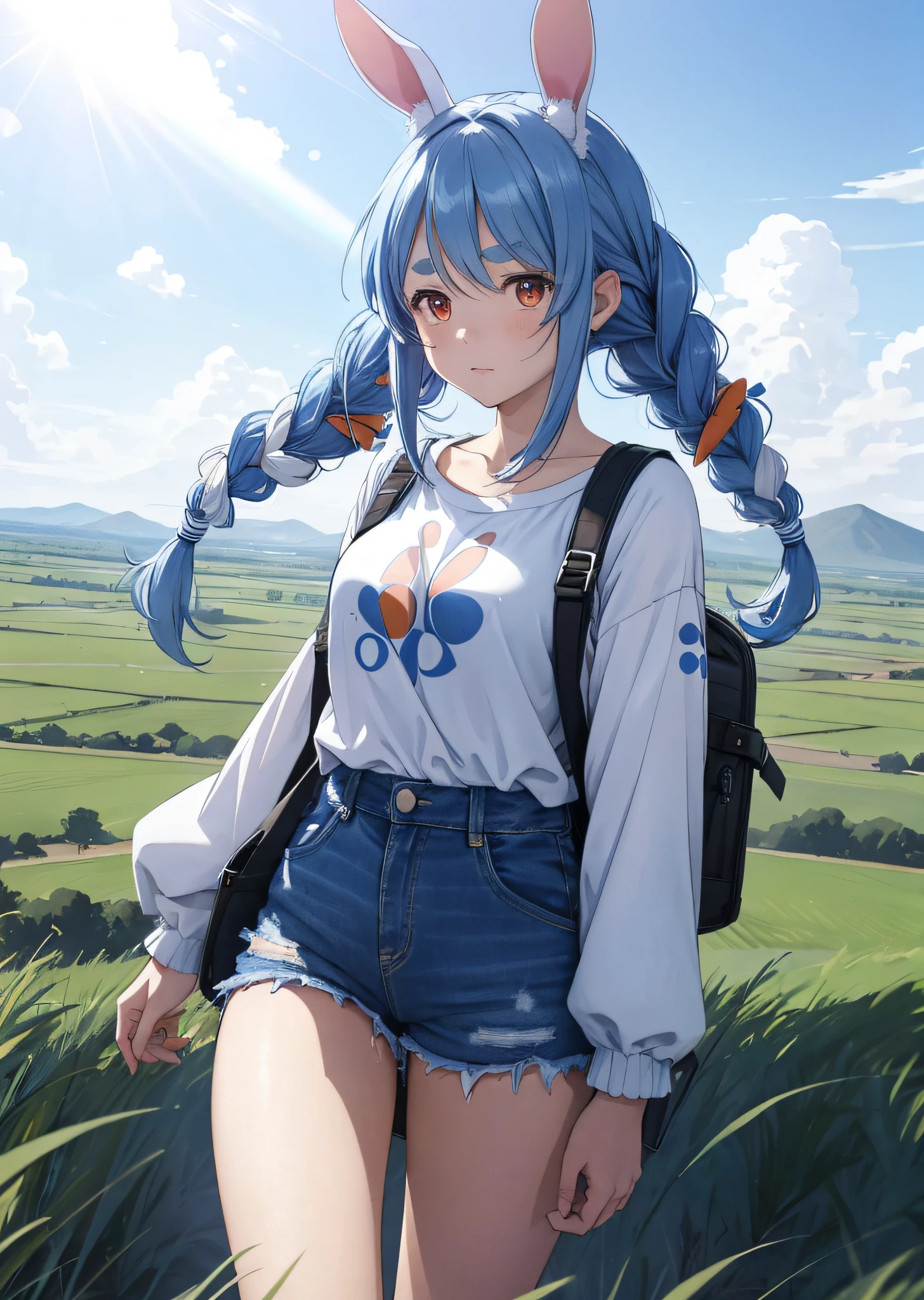 (人物: Usada Pekora), bunny girl, blue hair, twin braids, a girl, solo, The vast sky, beautiful skyline, large grasslands, extremely tense and dramatic pictures, moving visual effects, high hanging Polaris, colorful natural glare. A girl in a long-sleeved top and denim shorts with a side backpack