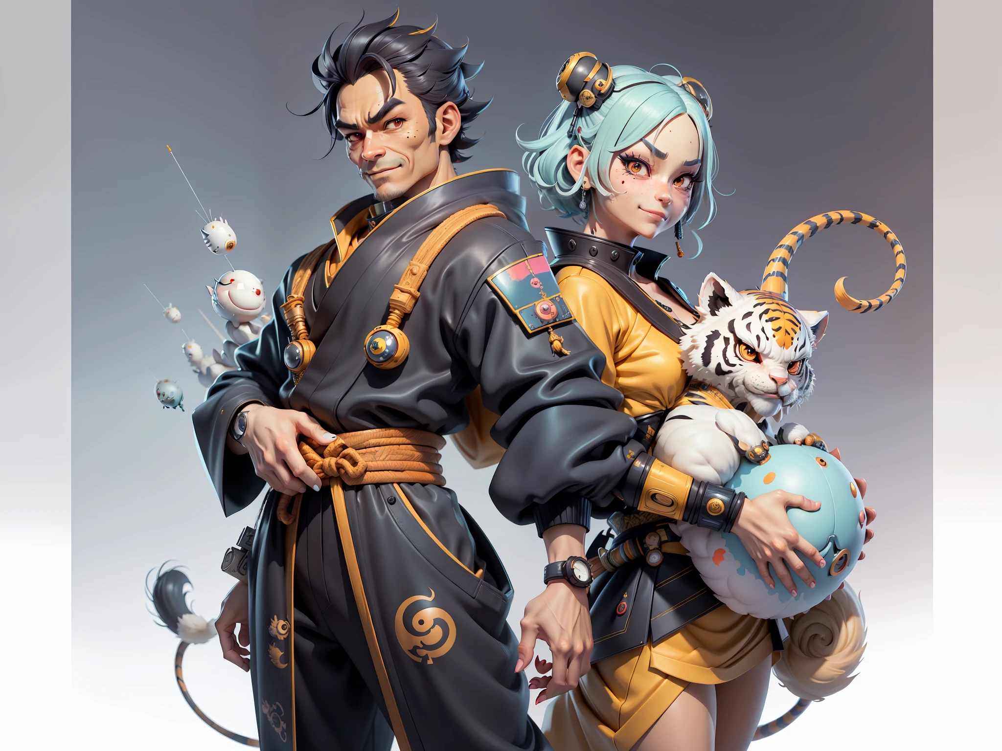 (Masterpiece), (Extreme Quality), (Super Meticulous), (Full Body: 1.2), Super Young Woman, Japanese Female Geisha, Beauty, Chinese Dragon, Tiger, Fengshen Thor, Sexy, Bursting, Oriental Face, TV Anchor, Bust Portrait Illustration, Alone, Black Suit, Blue Tie, Slightly Chubby, Very Clean Face, No Beard, Black Super Short Hair, Black Eyes, Confident Smile, 3c Computer Sub-Products, iPad, iPhone, Digital Painting, 3D character design by Mark Clairedon and Pixar and Hayao Miyazaki and Akira Toriyama, the illustrations are HD illustrations in 4K resolution with highly detailed facial features and cartoon-style visuals.