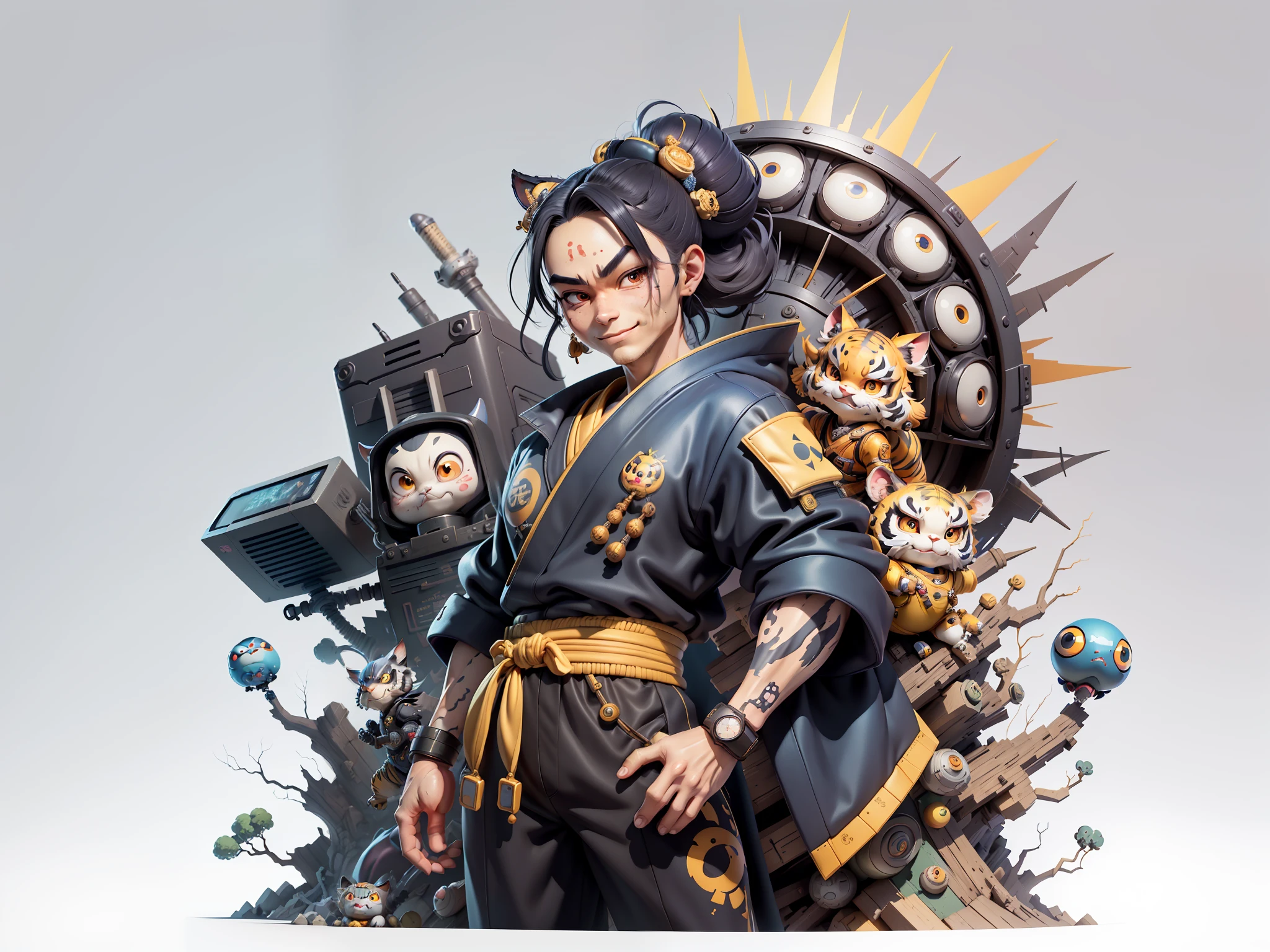 (Masterpiece), (Extreme Quality), (Super Meticulous), (Full Body: 1.2), Super Young Woman, Japanese Female Geisha, Beauty, Chinese Dragon, Tiger, Fengshen Thor, Sexy, Bursting, Oriental Face, TV Anchor, Bust Portrait Illustration, Alone, Black Suit, Blue Tie, Slightly Chubby, Very Clean Face, No Beard, Black Super Short Hair, Black Eyes, Confident Smile, 3c Computer Sub-Products, iPad, iPhone, Digital Painting, 3D character design by Mark Clairedon and Pixar and Hayao Miyazaki and Akira Toriyama, the illustrations are HD illustrations in 4K resolution with highly detailed facial features and cartoon-style visuals.