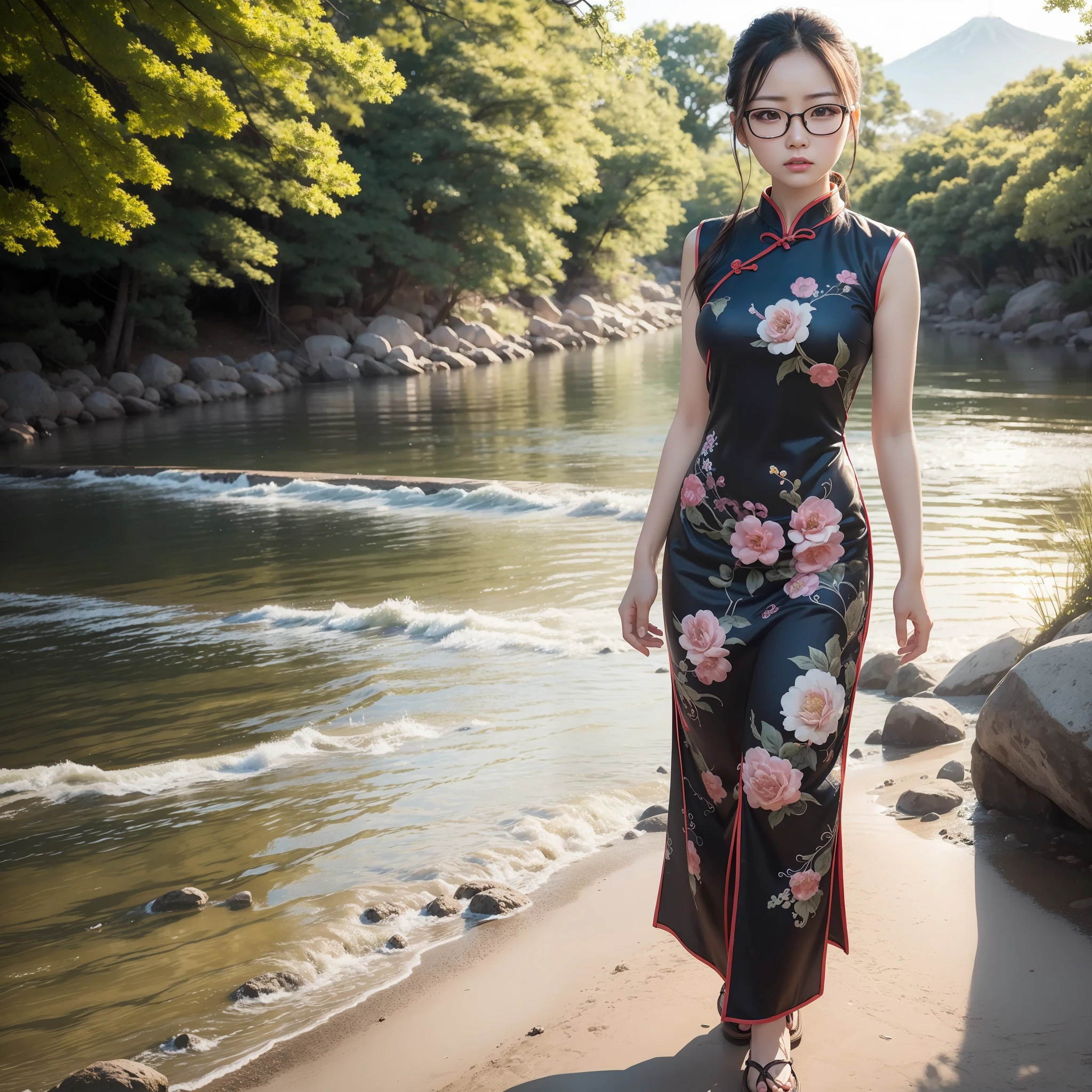 Cowboy Shot, (Masterpiece), (Best Quality:1.2), Small,Small,Glasses,Full Body,Anger, Sun Absurdity, Photography, Photorealistic,Very Detailed, Detailed Face, Solo 18.y.o Japan girls, sexy cheongsam, standing, riverside, arms behind back, sunlight, random hairstyle