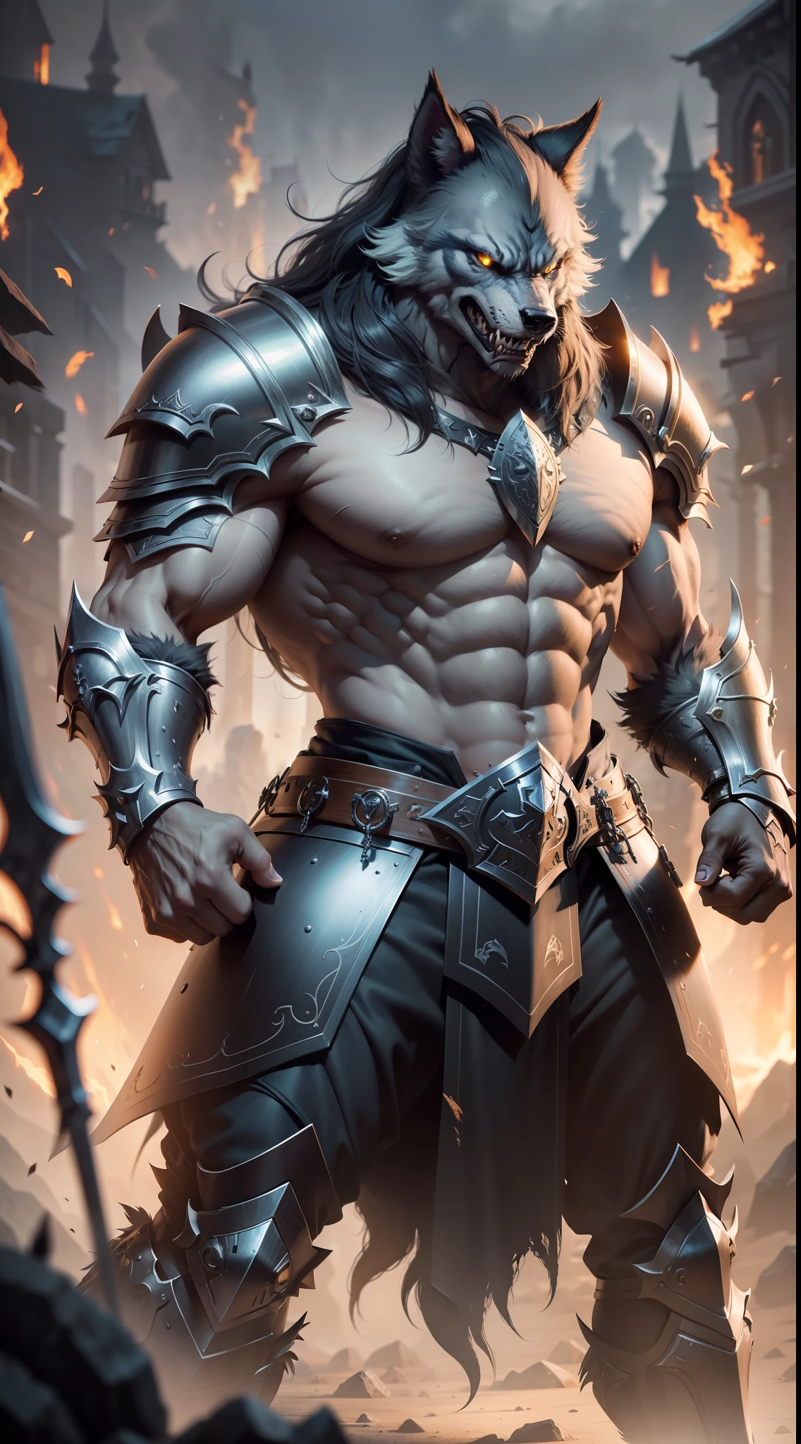 Best quality, best light and shadow, extreme detail, 8k, werewolf in armor, angry looking at the camera, clenched fists, claws, holy warrior armor, rich hair, World of Warcraft style, tall and mighty, showing teeth, hyper-realistic, ultra-detailed, natural lighting