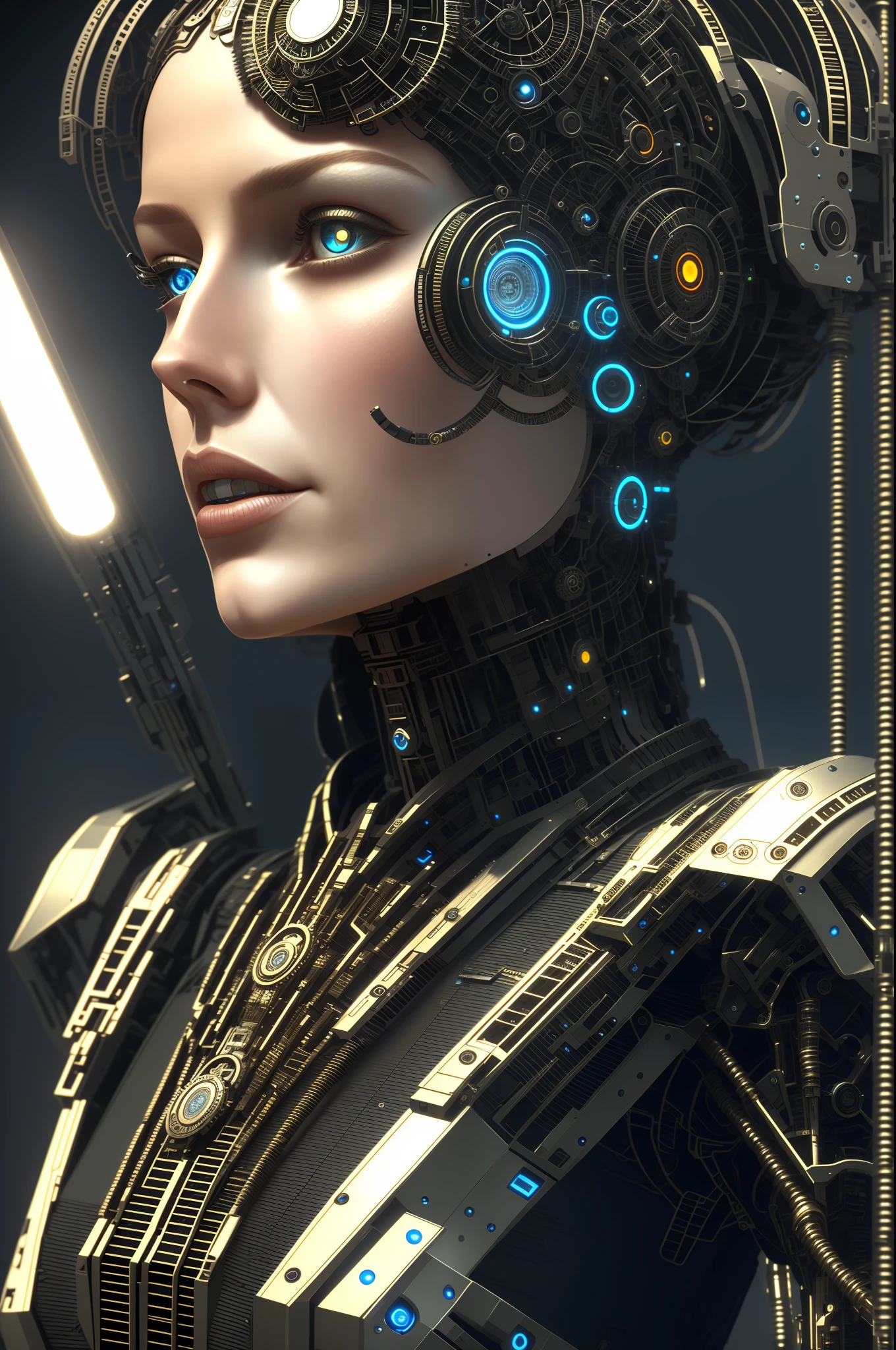 full body cyborg| full-length portrait| detailed face| symmetric| steampunk| cyberpunk| cyborg| intricate detailed| to scale| hyperrealistic| cinematic lighting| digital art| concept art| mdjrny-v4 style