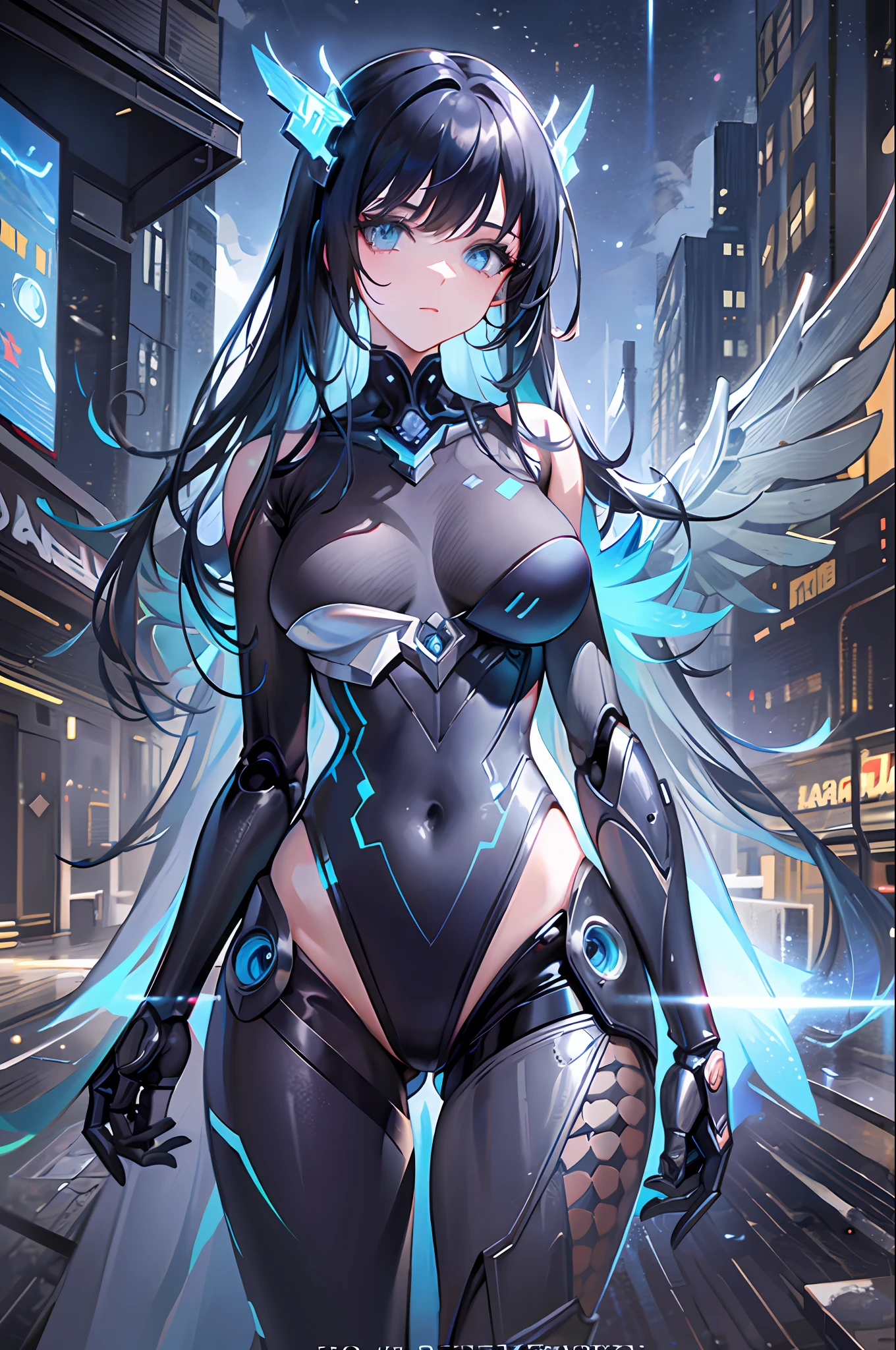 masterpiece,best quality,ultra-detailed,very detailed illustrations,extremely detailed,intricate details,highres,super complex details,extremely detailed 8k cg wallpaper, caustics,reflection,ray tracing, 1girl:1.4), solo, alone, (blue_theme:1.3), (grey_theme:1.3), (mecha musume, mechanical parts ,robot joints, mechanical arm, mechanical legs, headgear, intricate mechanical bodysuit, mechanical energy wings), (robes), very long hair, black hair, blue eyes, glowing eye, eye trail, random expressions, random action, tokyo, city, alley, dark alley, night time, raining, neon lights, detailed background, ((masterpiece)), absurdres, HDR,  (Classic headshot pose), extremely detailed 8K wallpaper,cyberpunk city,masterpiece,highres,detailed manga illustration,