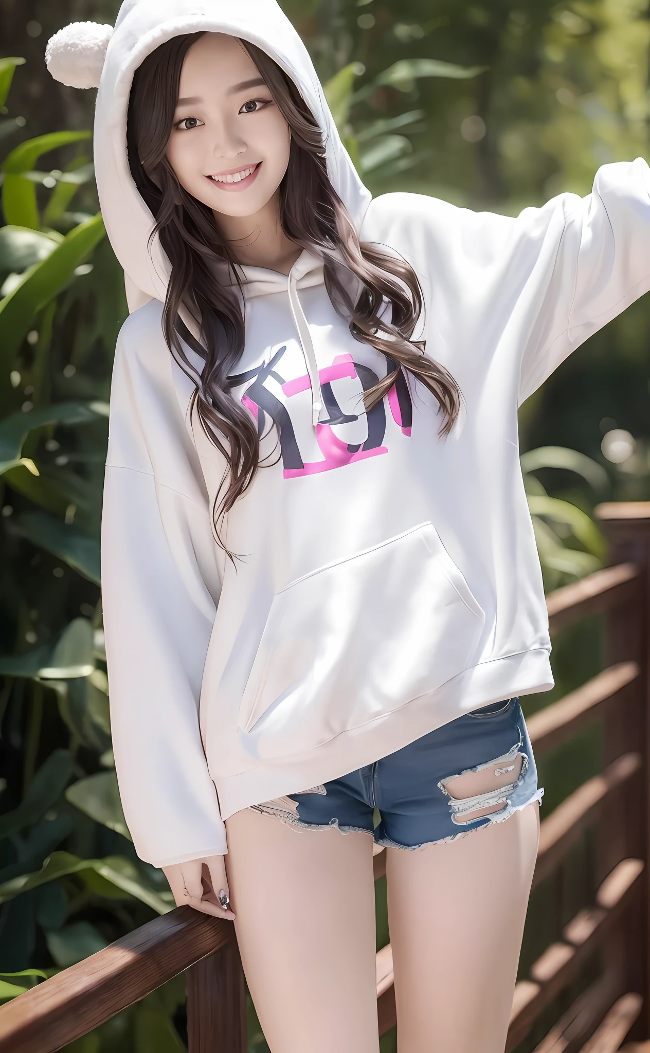 Realism, 8k, 1girl, long wavy curls, pale skin (Chinese beauty), (smiling) young beauty, thick eyebrows, ((d cups)), hoodie ((good figure)), (tight) shorts, small waist, wide thighs, standing one thigh up, wide thigh gap, legs apart