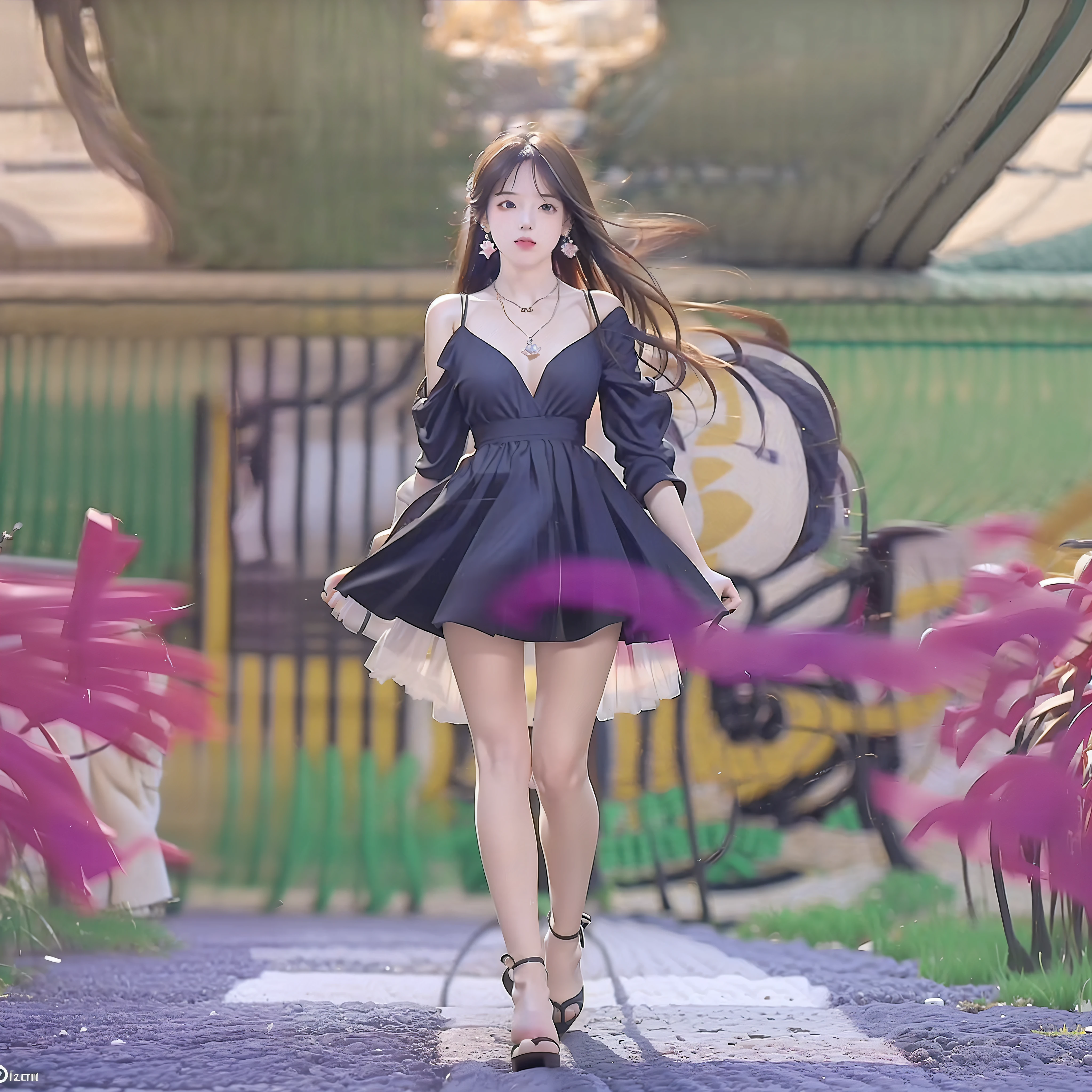 (8k, RAW Photo: 1.2), 1 Girl, (Long hair: 1.31), earrings, hair rings, necklaces, cinematic lighting, best quality, ultra high resolution, (realistic: 1.3), POV, (solo: 1.1), (looking at the audience: 1.331), (parted lips: 1.1), (eyelashes: 1.1), (pleasure: 1.21), (depth of field: 1.1), lens flare, (chromatic aberration: 1.1), (caustics: 1.1), (scattered glowing petals: 1.331), ulzzang-6500-v1.1, ((dream asymmetrical dress))), (full body)), ((high heels))