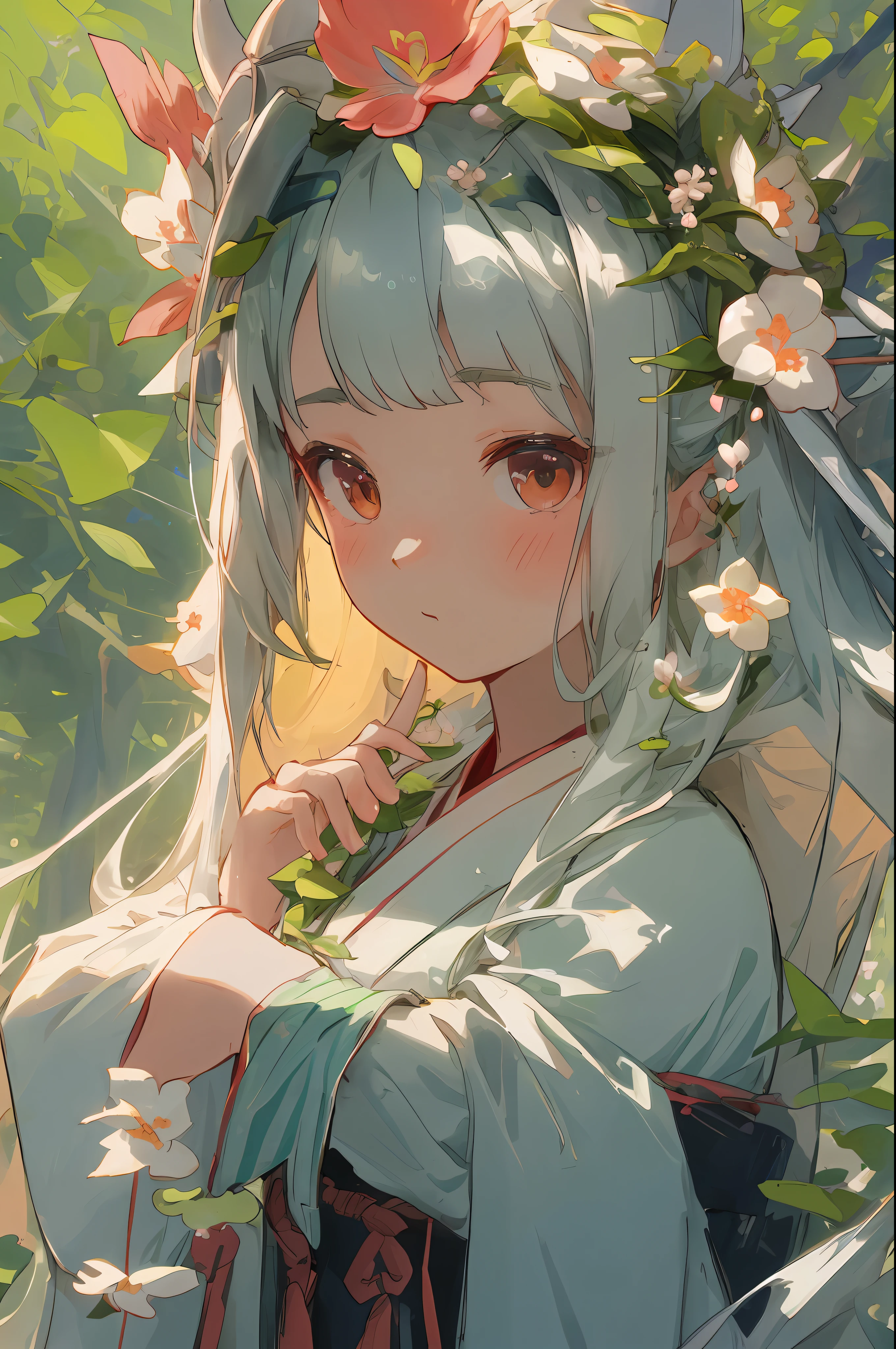 A close-up depicts a beautiful Hanfu girl wearing a flower crown. Her long hair flowed down, and her pretty face showed a cute charm. When we moved our gaze down, we saw that her hair gradually turned into flowers and plants, forming an image in harmony with the surrounding nature. --AR 2：3 --v 5