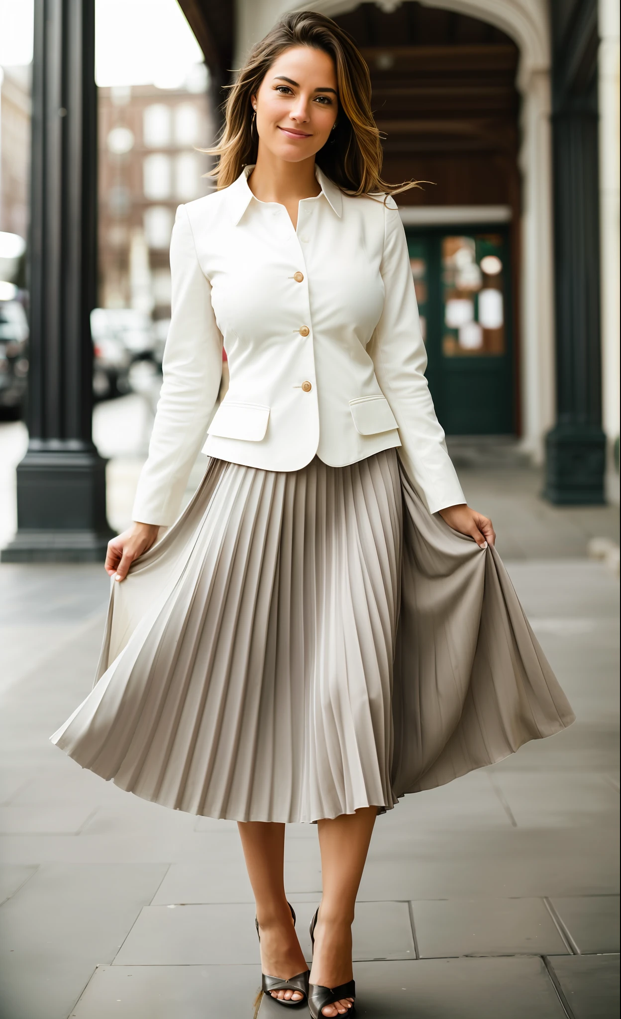 35mm f1.4 Kodak portra 400 photograph, extremely high quality RAW photograph, (a therapist is going to lovingly breastfeed you while wearing a long skirt:1.2), (shy) authentic (kind and tender) lesbian woman wearing a short blazer with a very very detailed (long (fully pleated) full circle skirt) and (simple) low heeled office shoes, very very intricate hyper-detailed symmetric (attractive graceful young feminine face) with (sad, tired) eyes and a (flirty smile:1.3), full of empathy and compassion and love, (pronounced feminine features:1,3), big boobs, large breasts, (highly detailed ultra accurate realistic) hands and fingers, ((windy conditions and wind blowing)), epic composition, highly detailed attributes, highly detailed atmosphere, detailed background, intricate, Exquisite details and textures, highly detailed,