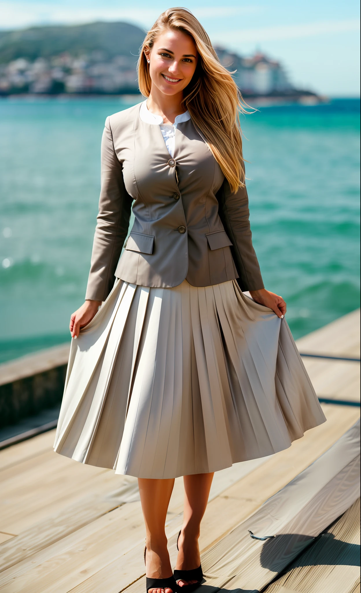35mm f1.4 Kodak portra 400 photograph, extremely high quality RAW photograph, (a therapist is going to lovingly breastfeed you while wearing a long skirt:1.2), (shy) authentic (kind and tender) lesbian woman wearing a short blazer with a very very detailed (long (fully pleated) full circle skirt) and (simple) low heeled office shoes, very very intricate hyper-detailed symmetric (attractive graceful young feminine face) with (sad, tired) eyes and a (flirty smile:1.3), full of empathy and compassion and love, (pronounced feminine features:1,3), big boobs, large breasts, (highly detailed ultra accurate realistic) hands and fingers, ((windy conditions and wind blowing)), epic composition, highly detailed attributes, highly detailed atmosphere, detailed background, intricate, Exquisite details and textures, highly detailed,