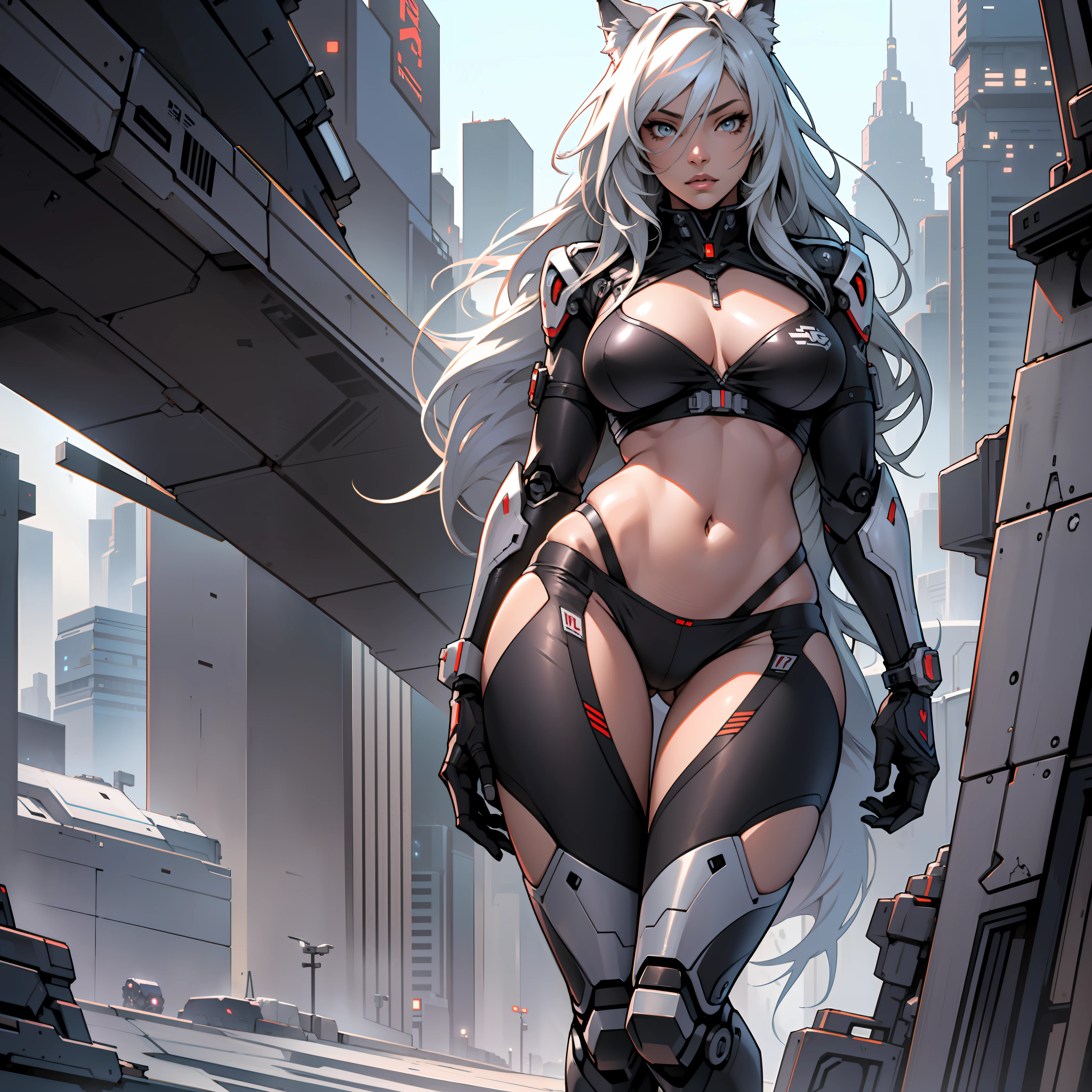 human wolf, woman, anime, realistic, futuristic, full body, long hair, sexy, erotic style, ultra-detailed, high quality erotic, super cute, noble, wearing fashionable underwear. Robots