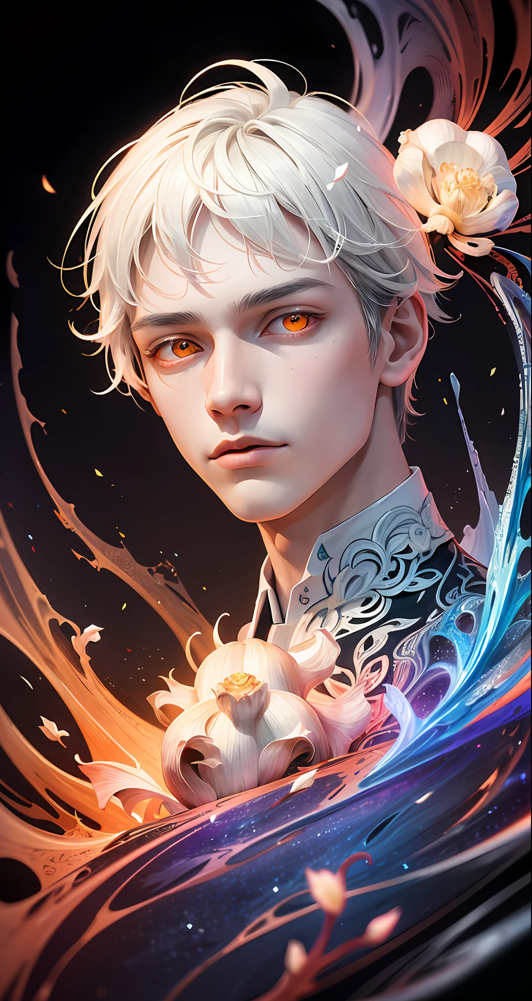 Realistic, (Masterpiece, Top Quality, Best Quality, Official Art, Beauty and Aesthetics: 1.2), Very Detailed, Fractal Art, Colorful, Most Detailed, Zentangle, (Abstract Background: 1.5) (1boy: 1.3), God, White Hair, Short Hair, (Glowing Red Eyes), Mysterious, (Magic), Ice, Handsome Man, ((Other Shore Flower, Garlic)), Yellow Spring, Hell, Soul Ferryman, Ghost