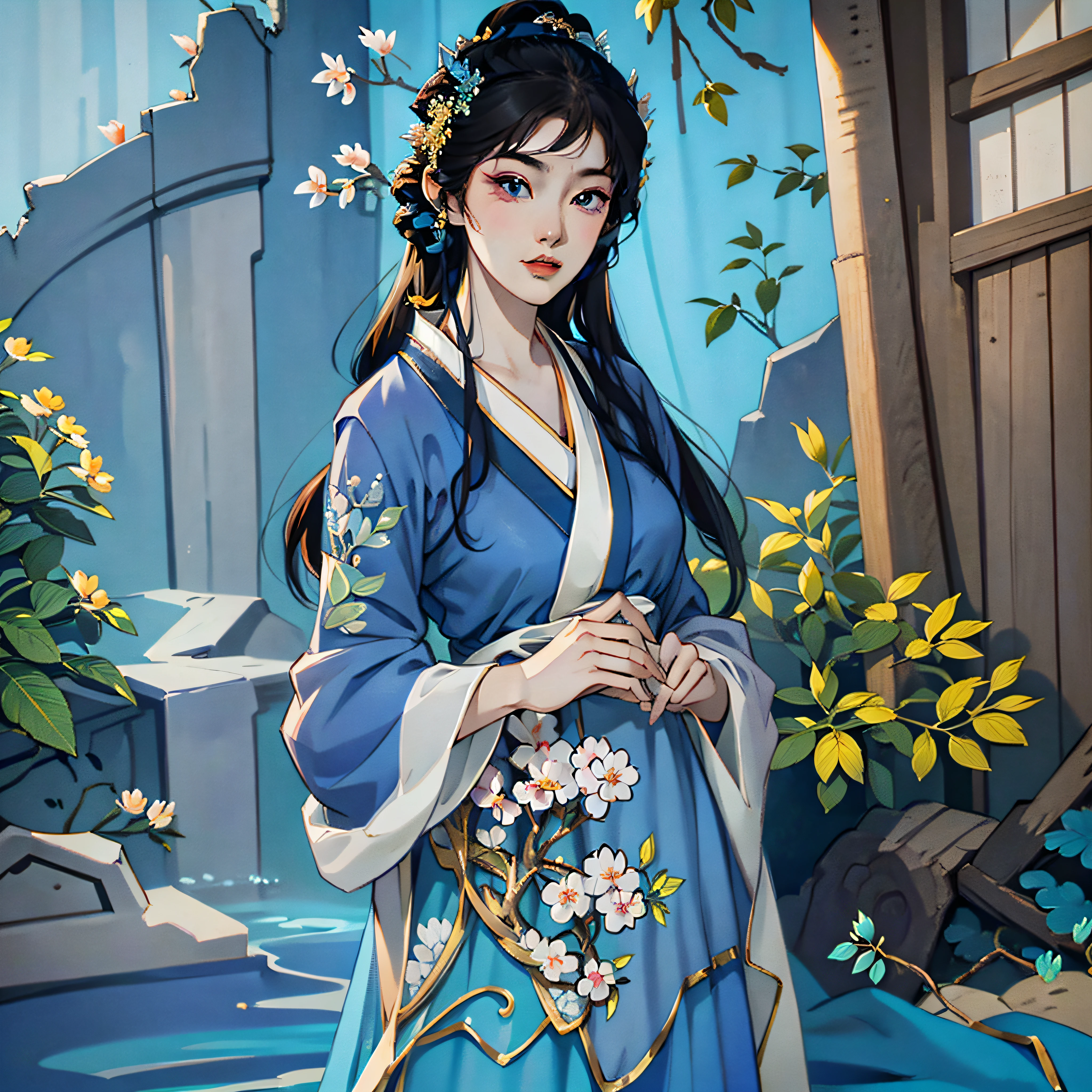 Alafeld asian woman posing in blue dress in stream, very beautiful girl, beautiful japanese girl face, facial features are more three-dimensional Young cute girl 32K --auto --s2