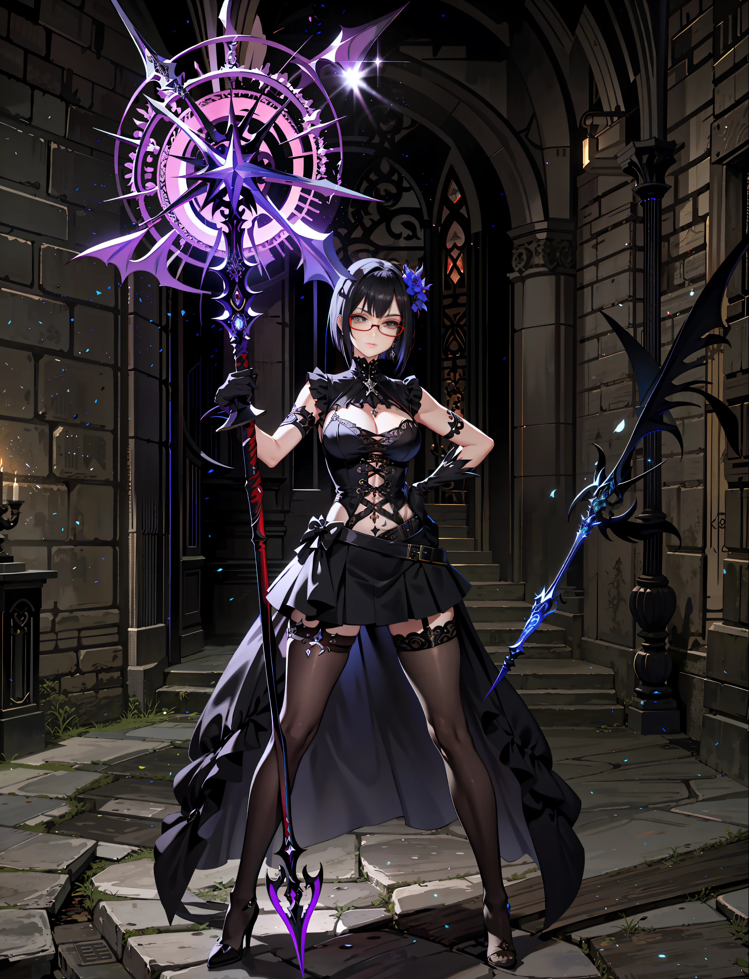 large breasts, high quality, half_boots.panty and thighs, visible through the thighs, masterpiece, earrings, standing, 1girl, miniskirt, naked, full body, hentai key, 
Final Fantasy XIV, Solo, Highres,, Close-up, Zoom Layer, Standing on One Leg, Breasts, Through Thighs, White Mage, Wizard's Staff, Short Hair, Sleeveless, Glasses, Black Hair, Ponytail, Arm Tattoo, Hair Flower, Floating Hair, Gothic, Chest Harness, Arm Tattoo, Darkness, black_outfit, Red Striped Hair, Lingerie,  Bondage, Green eyes, Black corset,staff_mage --auto --s2
