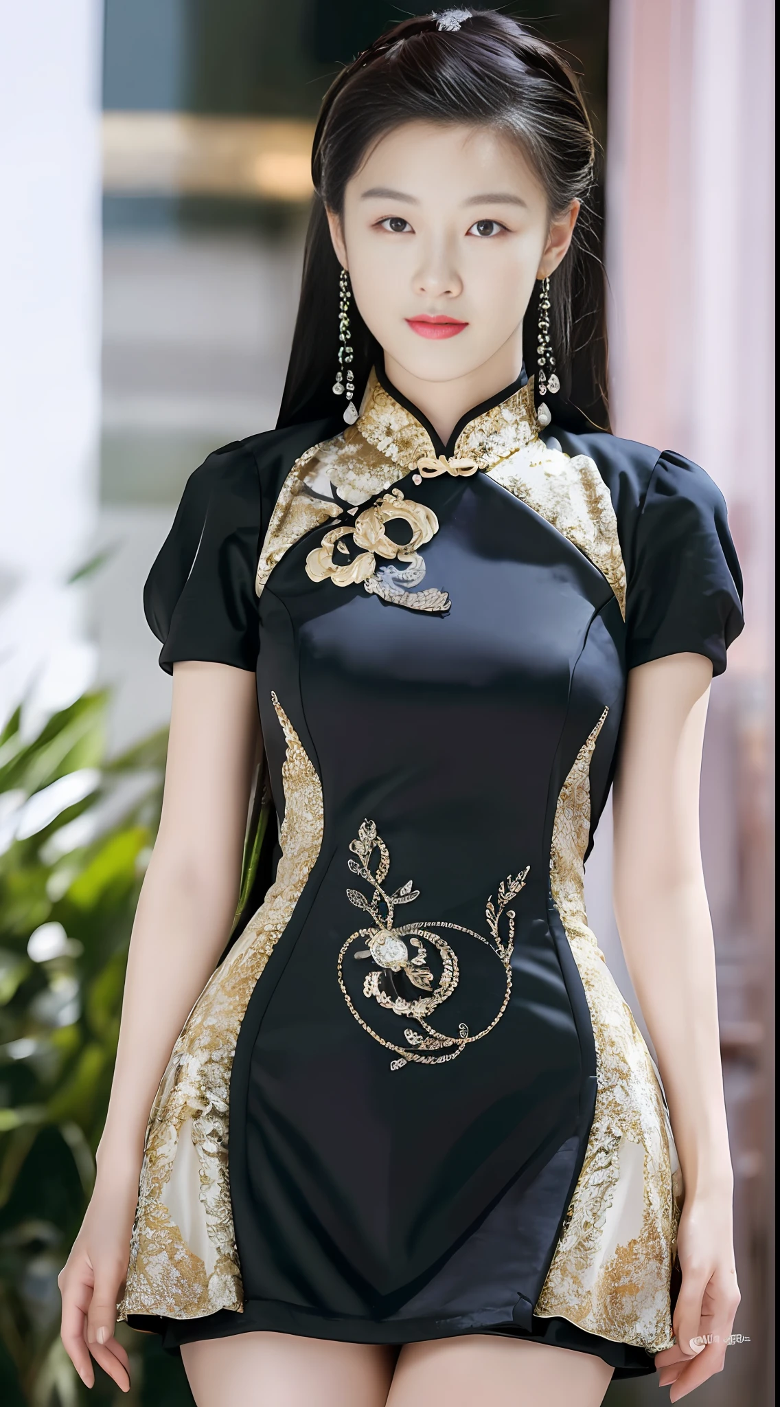 ((Realistic lighting, best quality, 8K, masterpiece: 1.3)), Focus: 1.2, 1girl, This beauty has a well-proportioned figure with beautiful lines and curvy lines. She is 170 cm tall and shows a slender figure. She weighs 45 kilograms and exudes health and vitality. Her facial features are refined and harmonious. She has bright and shining eyes, which reveal wisdom and softness. Her face shape may be oval or heart-shaped, with smooth skin and well-proportioned facial features. Her nose may be straight and delicate, and the shape of her lips may be plump and elegant. Her hair may be soft and shiny, and the color may be rich black or other bright shades. Her hairstyle may be casual and natural, with thin little hands, she may be wearing a stylish and elegant white tight cheongsam to highlight her figure advantage. Her posture may be confident and elegant, exuding a natural and charming charm.