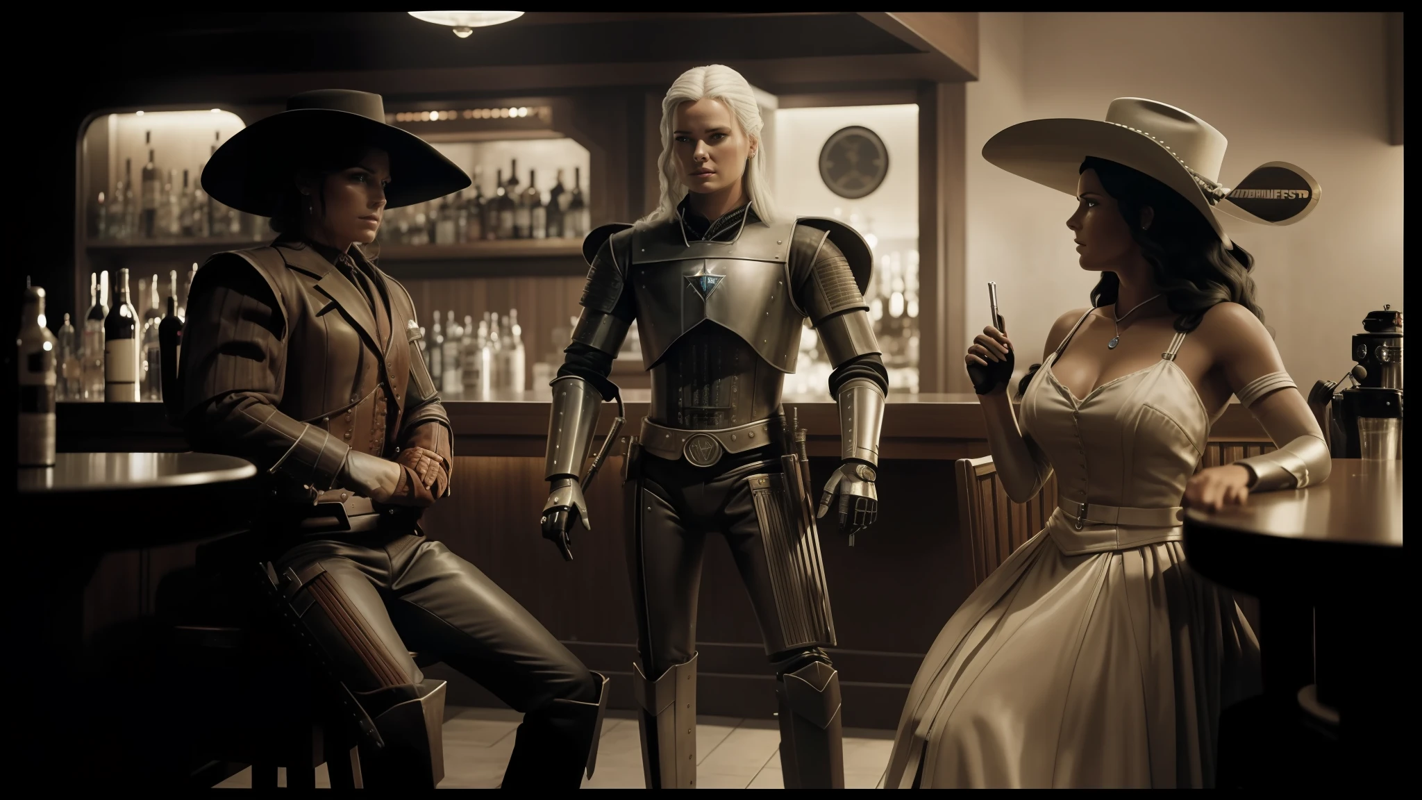 there are three people dressed up in costumes sitting at a bar, cinematic still of westworld, monochrome 3 d model, female sheriff, robot stand - off, rebecca romijn as dorothy, by Antoni Pitxot, bender, sepia toned, from witcher (2021), megadeth, 9 0 s cgi, black and white television still