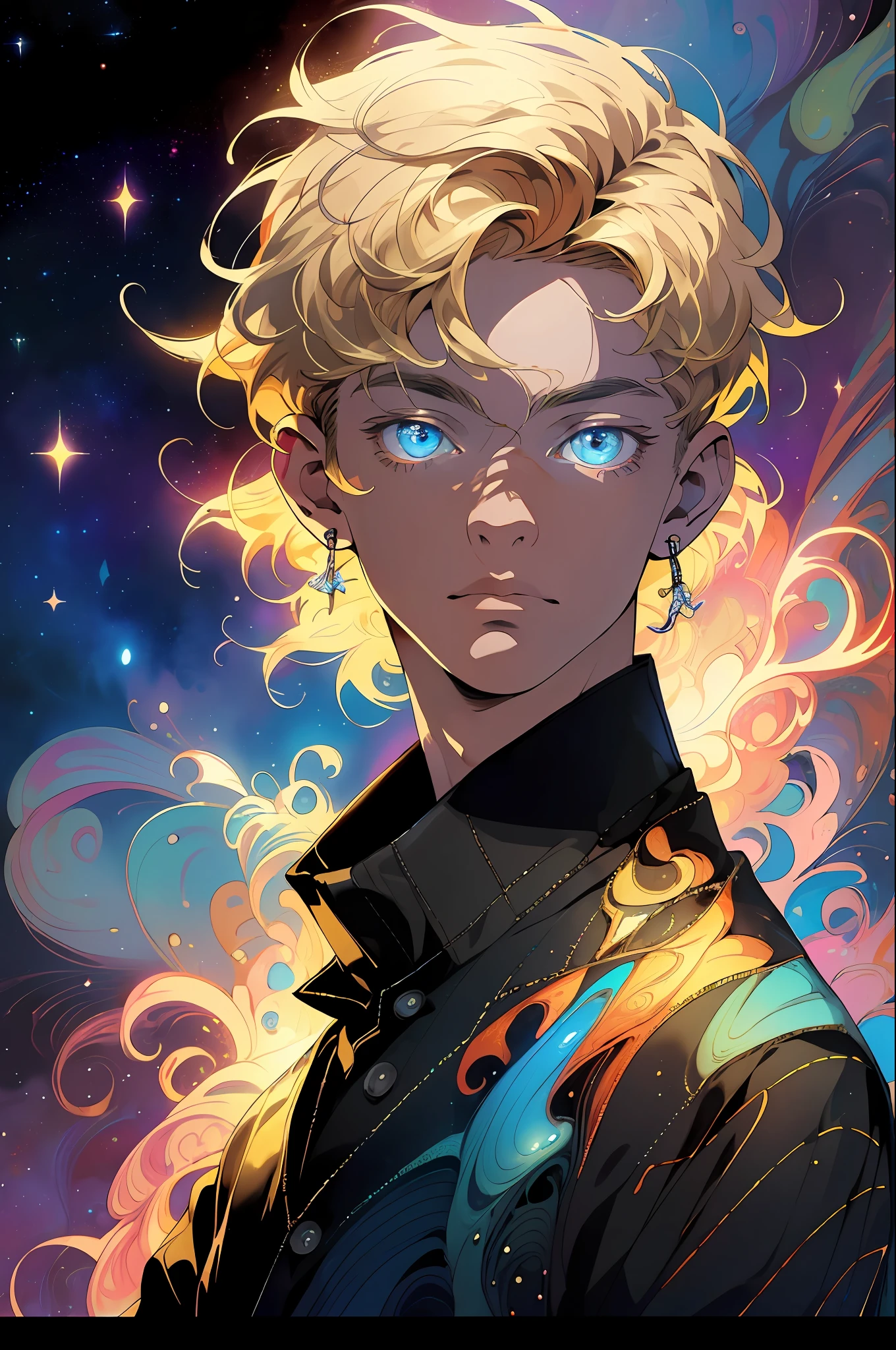 Realistic, (Masterpiece, Top Quality, Best Quality, Official Art, Beauty and Aesthetics: 1.2), Very Detailed, Fractal Art, Colorful, Most Detailed, Zentangle, (Abstract Background: 1.5) (1boy: 1.3), God, Blonde Hair, Short Hair, (Glowing Blue Eyes), Mysterious, (Magic), Starry Sky, Handsome Man