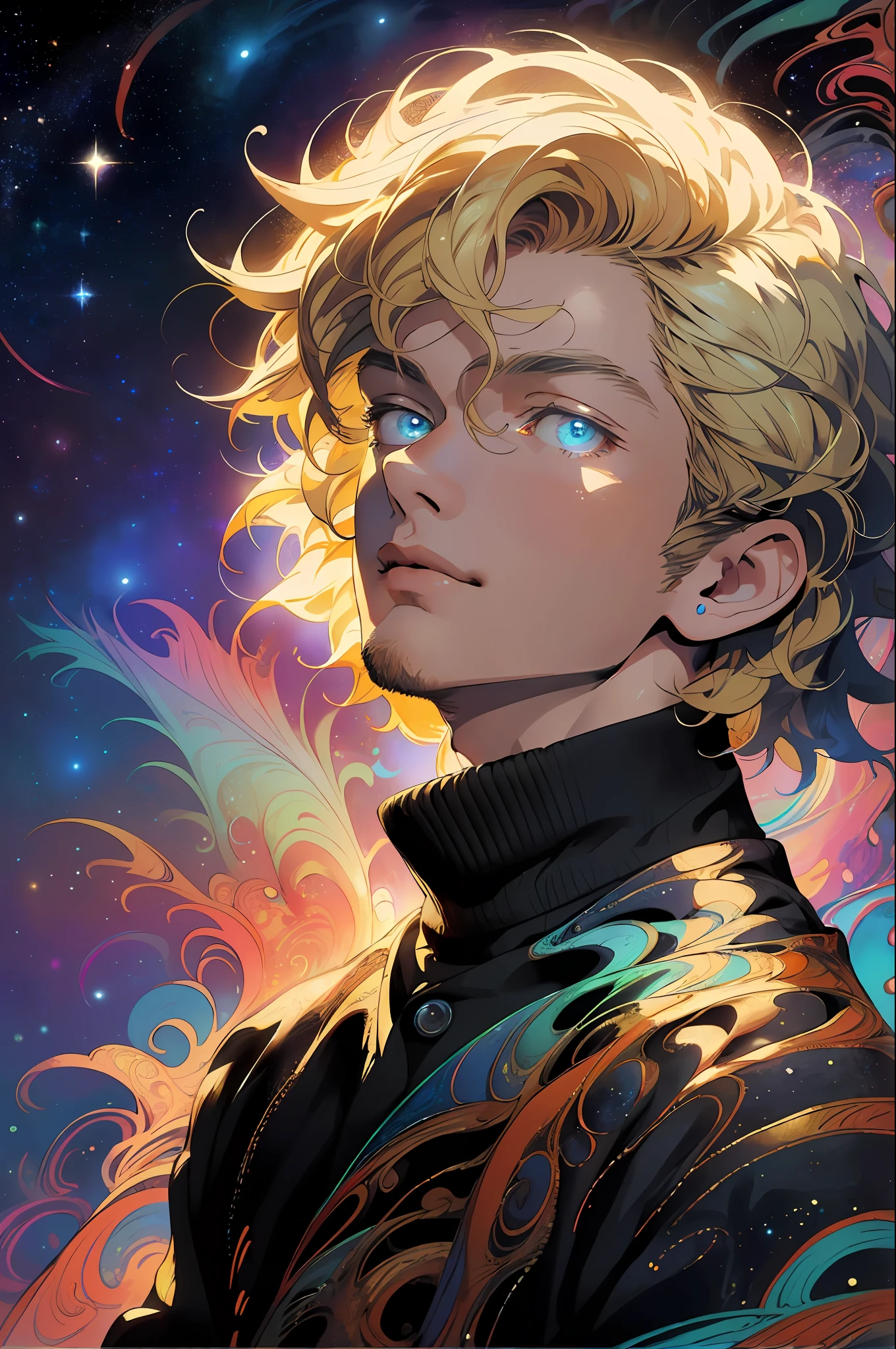 Realistic, (Masterpiece, Top Quality, Best Quality, Official Art, Beauty and Aesthetics: 1.2), Very Detailed, Fractal Art, Colorful, Most Detailed, Zentangle, (Abstract Background: 1.5) (1boy: 1.3), God, Blonde Hair, Short Hair, (Glowing Blue Eyes), Mysterious, (Magic), Starry Sky, Handsome Man