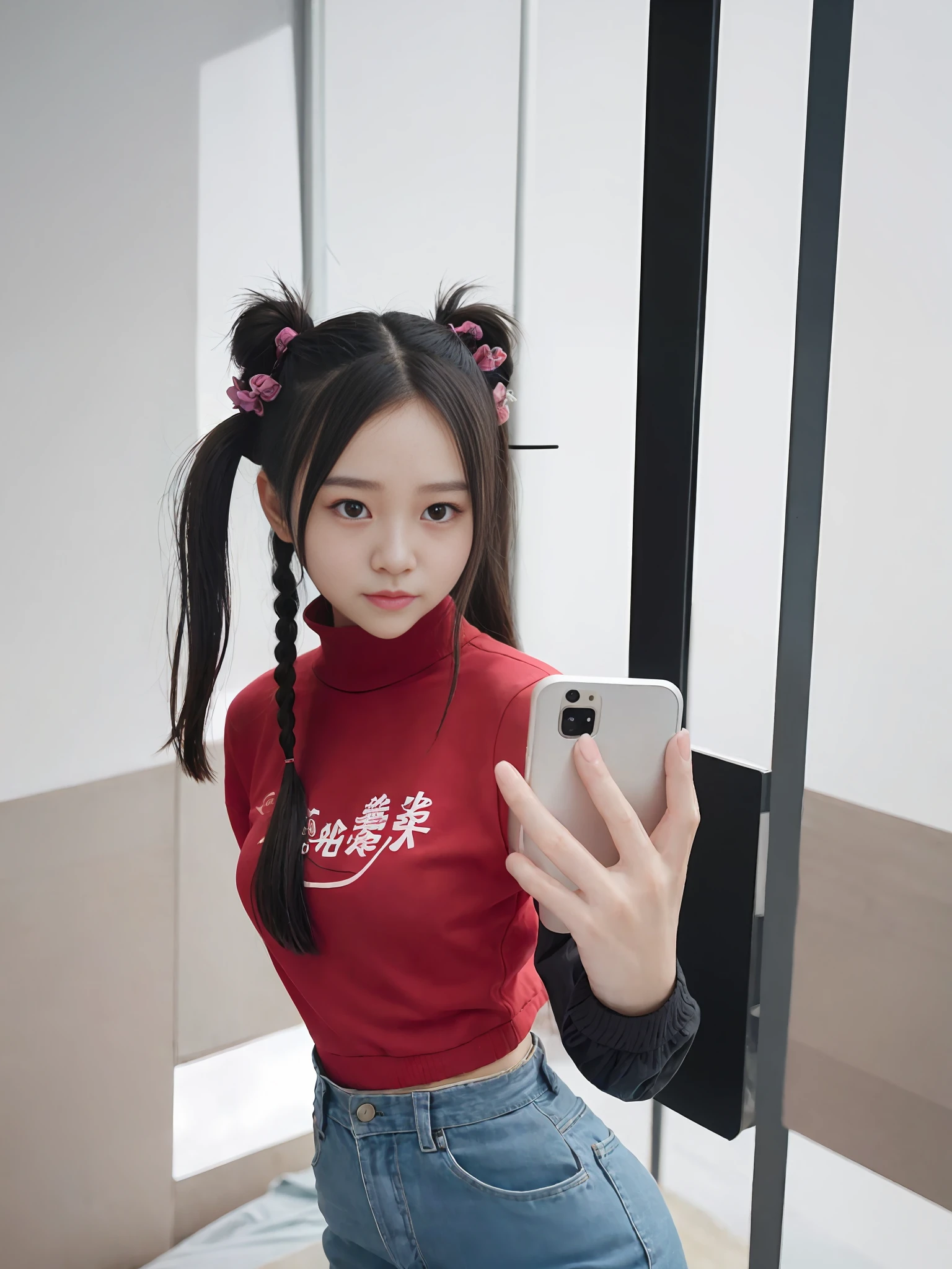 there is a girl taking a selfie with her phone, two pigtails hairstyle, ulzzang, pigtails hairstyle, 8k selfie photograph, xintong chen, zmonzheng, 2 0 2 0 fashion, 🤬 🤮 💕 🎀, 😭 🤮 💕 🎀, lulu chen, xue han, wenfei ye, xision wu