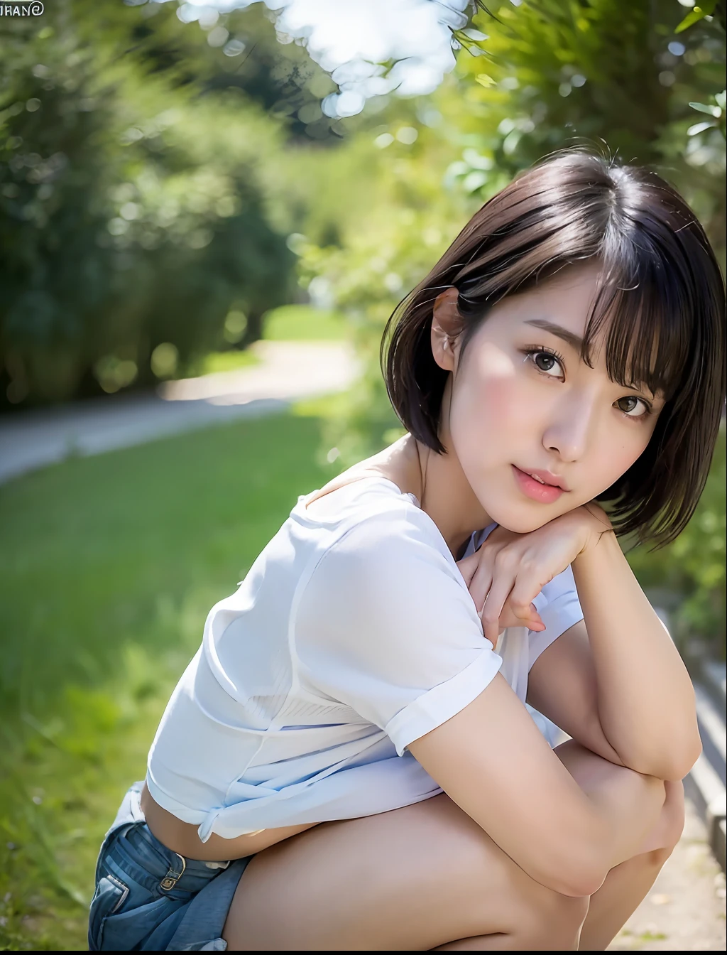 (Best quality, 8k, 32k, Masterpiece, UHD:1.2),Photo of Pretty Japanese woman,black short hair,beauty face,(leaning forward:1.3),squatting,(from above:1.2),(close up:1.4),pov,loose t-shirt,large breasts,(beautiful nipple slip:0.9),outdoors,windy,shiny skin,blurry background,