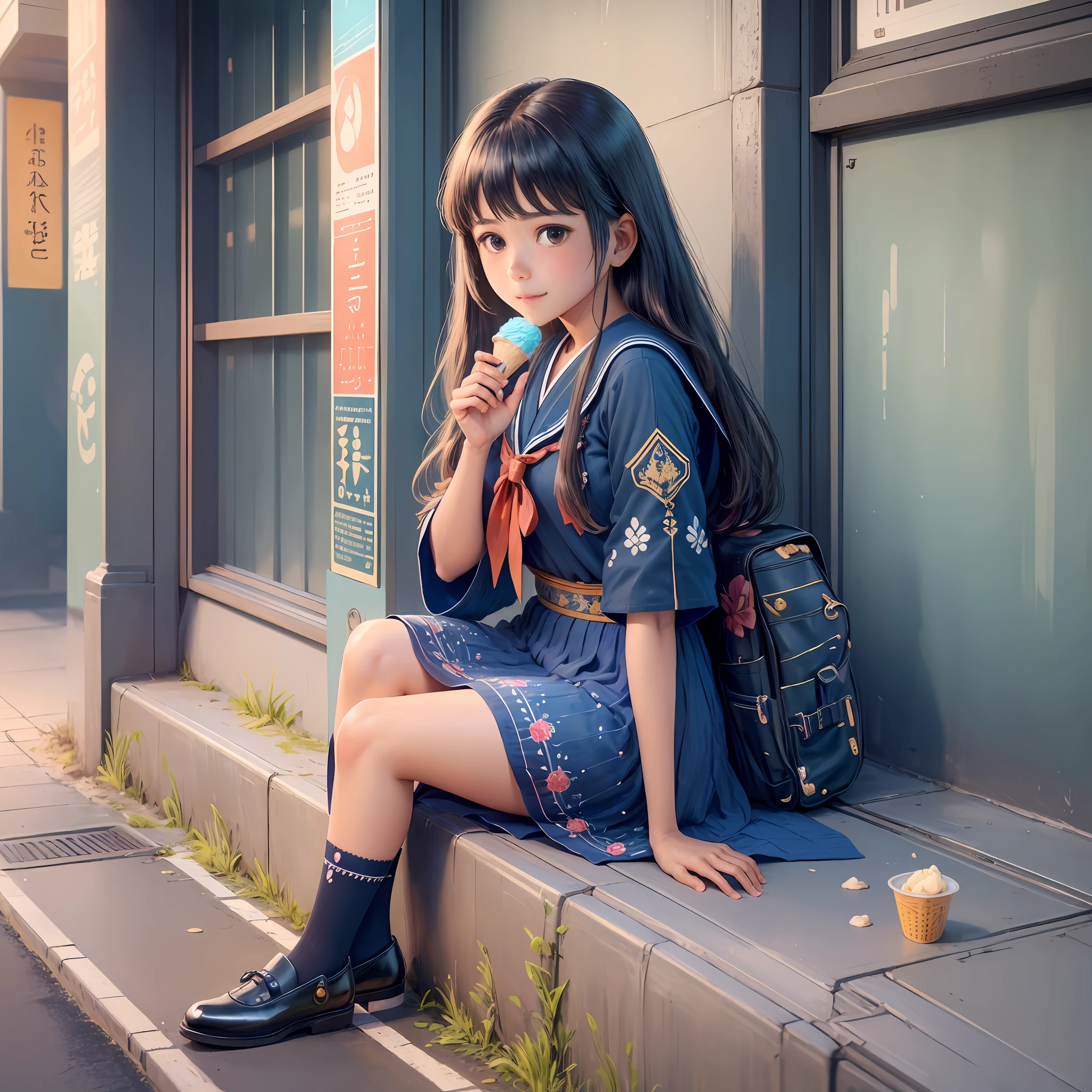 ((Realistic: 1.5)), ((Best Quality)), ((Masterpiece)), ((detailed)), (1girl), {Beautiful woman in sari}, (Upper body: 1.3) Japanese high school girl, little loli, happy face, sailor suit, long black stockings, blue shoes, sitting on the side of the road eating ice cream. --auto --s2
