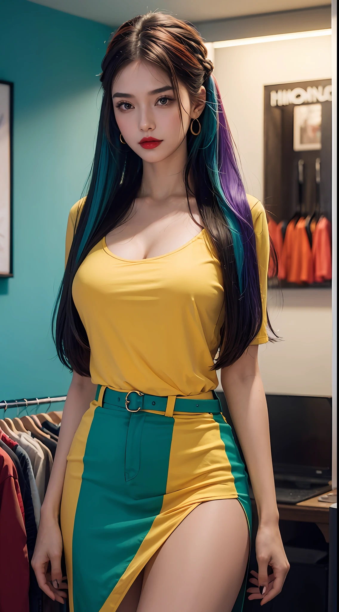((top quality, 8k, masterpiece: 1.3)), 1 girl, beauty: 1.2, (random hairstyle), ((red, orange, yellow, green, cyan, blue, purple, clothes)), (gaze at the loved one), super detailed face, detailed eyes, double eyelids, long hair, (((large)), correct anatomy, perfect body, standing, long legs, red lips, big breasts, clothes of different colors, lots of colors