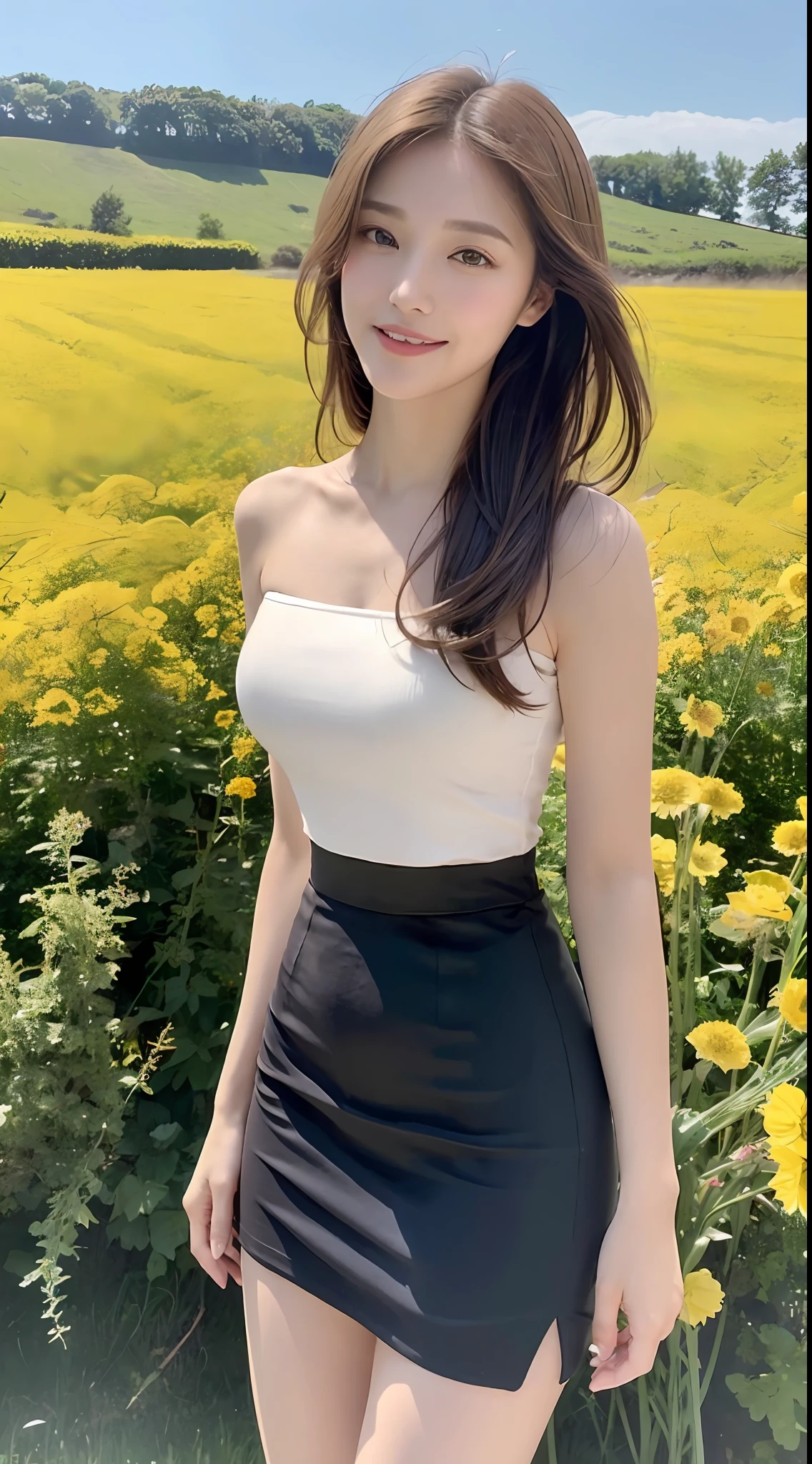 Girls around 20 years old, simple, extremely beautiful and delicate, (light makeup), brown hair, sweet smile, delicate and beautiful fair skin, realistic and realistic, exquisite and complete facial features, detailed facial portrayal, high nose bridge, red lips, beautiful gentle beautiful girl, flowing smooth hair, extremely delicate hair, soft temperament, face light, surreal, realistic, 8K picture quality, extreme details, realistic details, master works, realistic extreme, body, absolutely beautiful, pure desire, stunning beauty, peerless beauty, the highest picture quality, 8k resolution, goddess, smile, fine facial features, hair over the shoulder, brown hair, long thick legs, (((high-waisted French top)))), (((short skirt))), sunshine, facing the camera, well-proportioned and firm figure, gentle eyes, exposed thighs, standing posture, standing on the edge of the rape flower field, full body photo