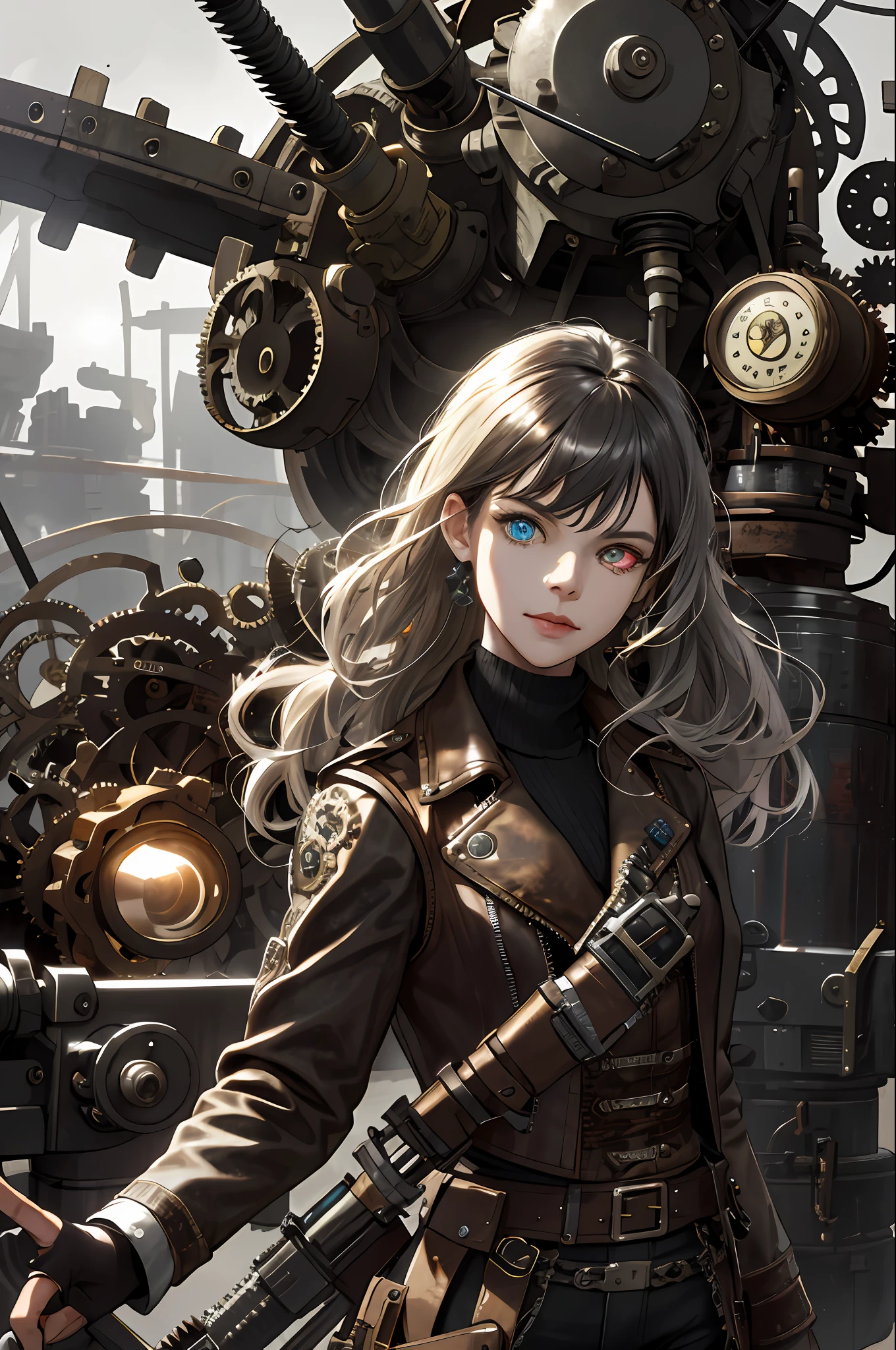 (absurdres, highres, ultra detailed), 1woman, mature female, aged up, wavy long hair, split-color hair, heterochromia, bangs, long sleeves, finely detailed eyes and detailed face, extremely detailed CG unity 8k wallpaper, intricate details, (style-rustmagic:0.8), (medieval cyborg:0.8), portrait, (bloody wounds:0.7), looking at viewer, solo, half shot, detailed background, (steampunk theme:1.1) determined expression, dark couds technomancer, floating lights, color leather vest with gears, techwear, jetpack, workshop in background, machines, gears, steam, industry, technology, furnace, grime, anvil, buttons, levers, automaton, electricity, electric sparks epic atmosphere,, portrait