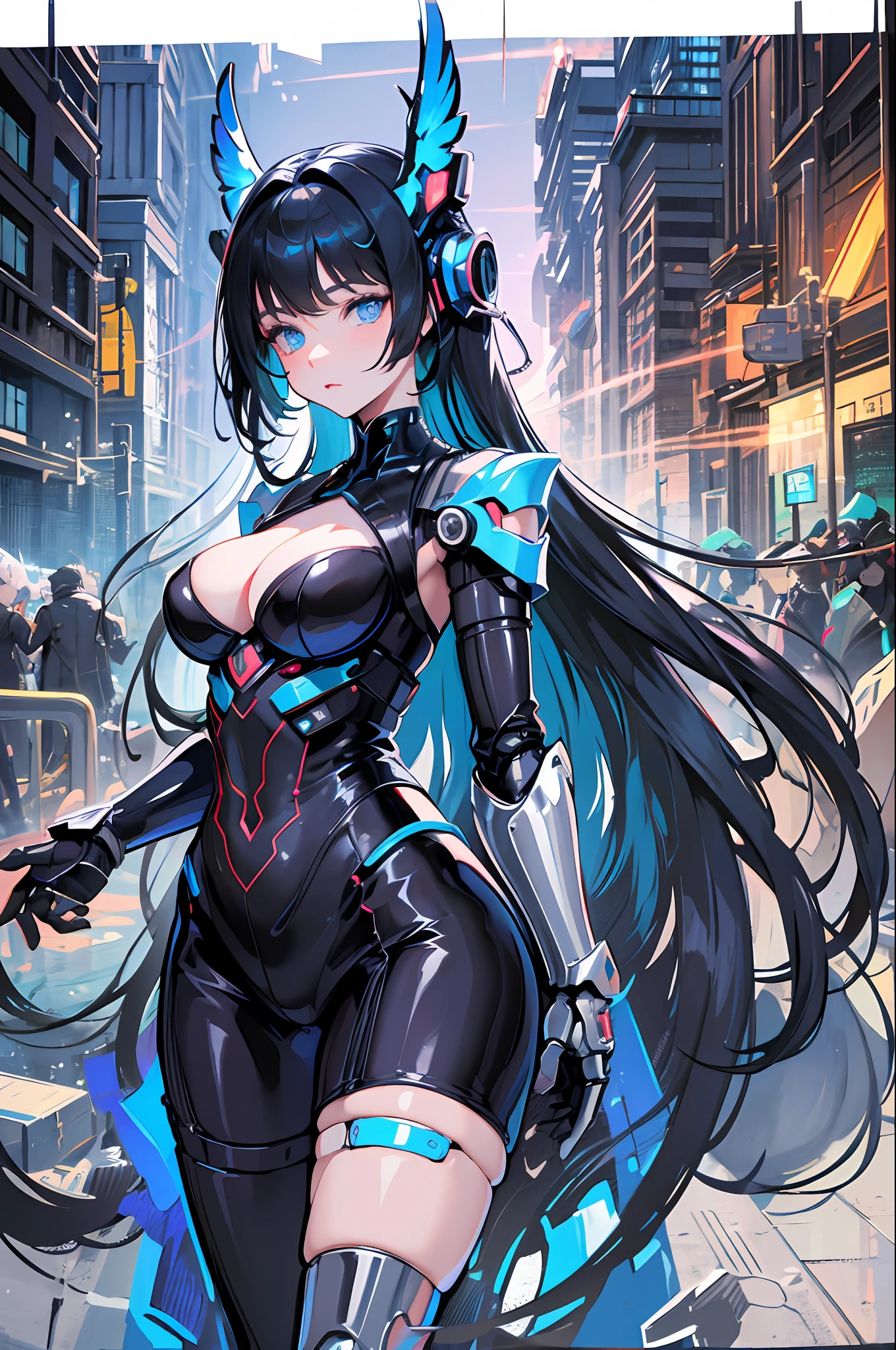 masterpiece,best quality,ultra-detailed,very detailed illustrations,extremely detailed,intricate details,highres,super complex details,extremely detailed 8k cg wallpaper, caustics,reflection,ray tracing, 1girl:1.4), solo, alone, (blue_theme:1.3), (grey_theme:1.3), (mecha musume, mechanical parts ,robot joints, mechanical arm, mechanical legs, headgear, intricate mechanical bodysuit, mechanical energy wings), (robes), very long hair, black hair, blue eyes, glowing eye, eye trail, random expressions, random action, tokyo, city, alley, dark alley, night time, raining, neon lights, detailed background, ((masterpiece)), absurdres, HDR,  (Classic headshot pose), extremely detailed 8K wallpaper,cyberpunk city,masterpiece,highres,detailed manga illustration,
