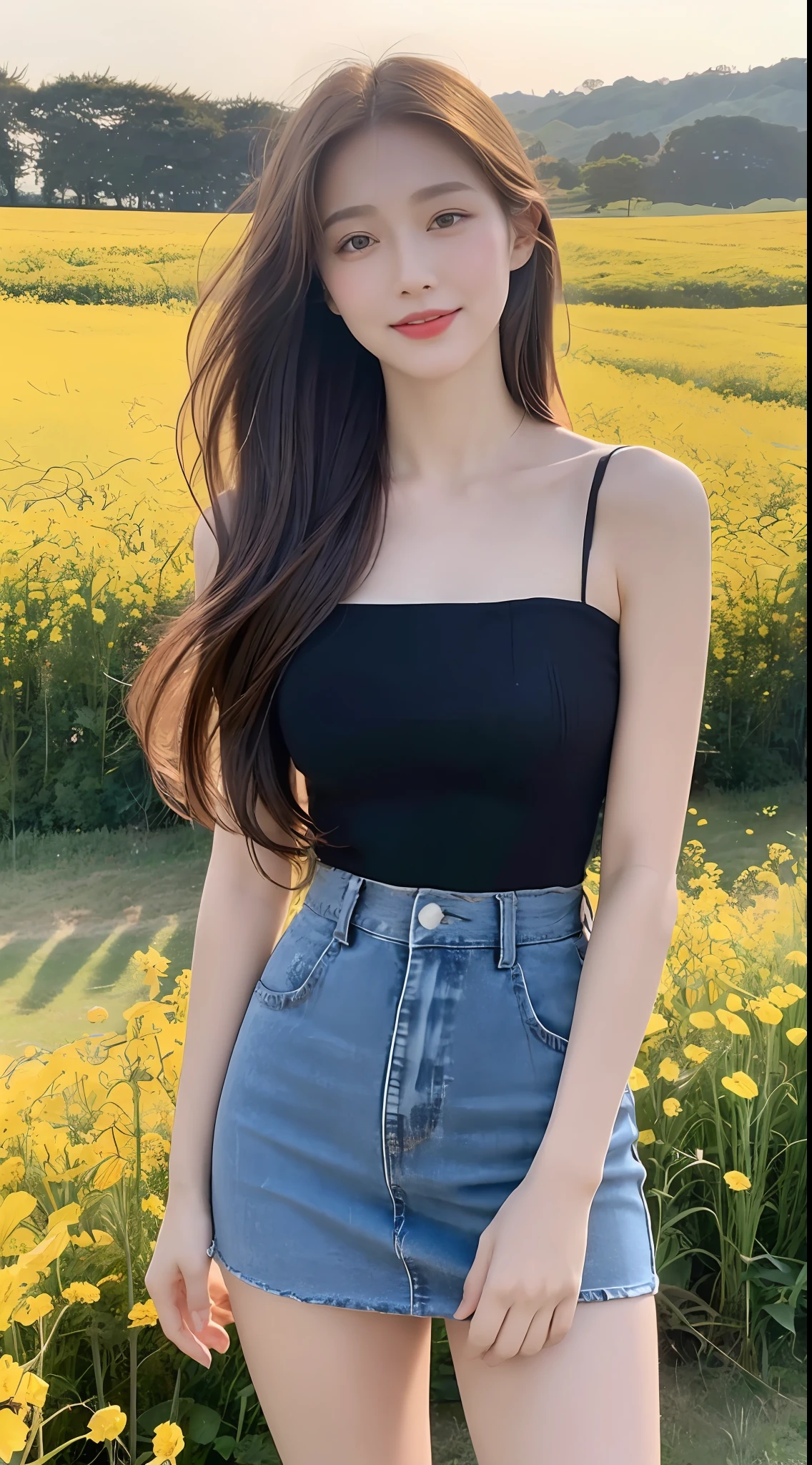 Girls around 20 years old, simple, extremely beautiful and delicate, (light makeup), brown hair, sweet smile, delicate and beautiful fair skin, realistic and realistic, exquisite and complete facial features, detailed facial portrayal, high nose bridge, red lips, beautiful gentle beautiful girl, flowing smooth hair, extremely delicate hair, soft temperament, face light, surreal, realistic, 8K picture quality, extreme details, realistic details, master works, realistic extreme, body, absolutely beautiful, pure desire, stunning beauty, peerless beauty, the highest picture quality, 8k resolution, goddess, smile, fine facial features, hair over the shoulder, brown hair, long thick legs, (((high-waisted French top)))), (((short skirt))), sunshine, facing the camera, well-proportioned and firm figure, gentle eyes, exposed thighs, standing posture, standing on the edge of the rape flower field, full body photo