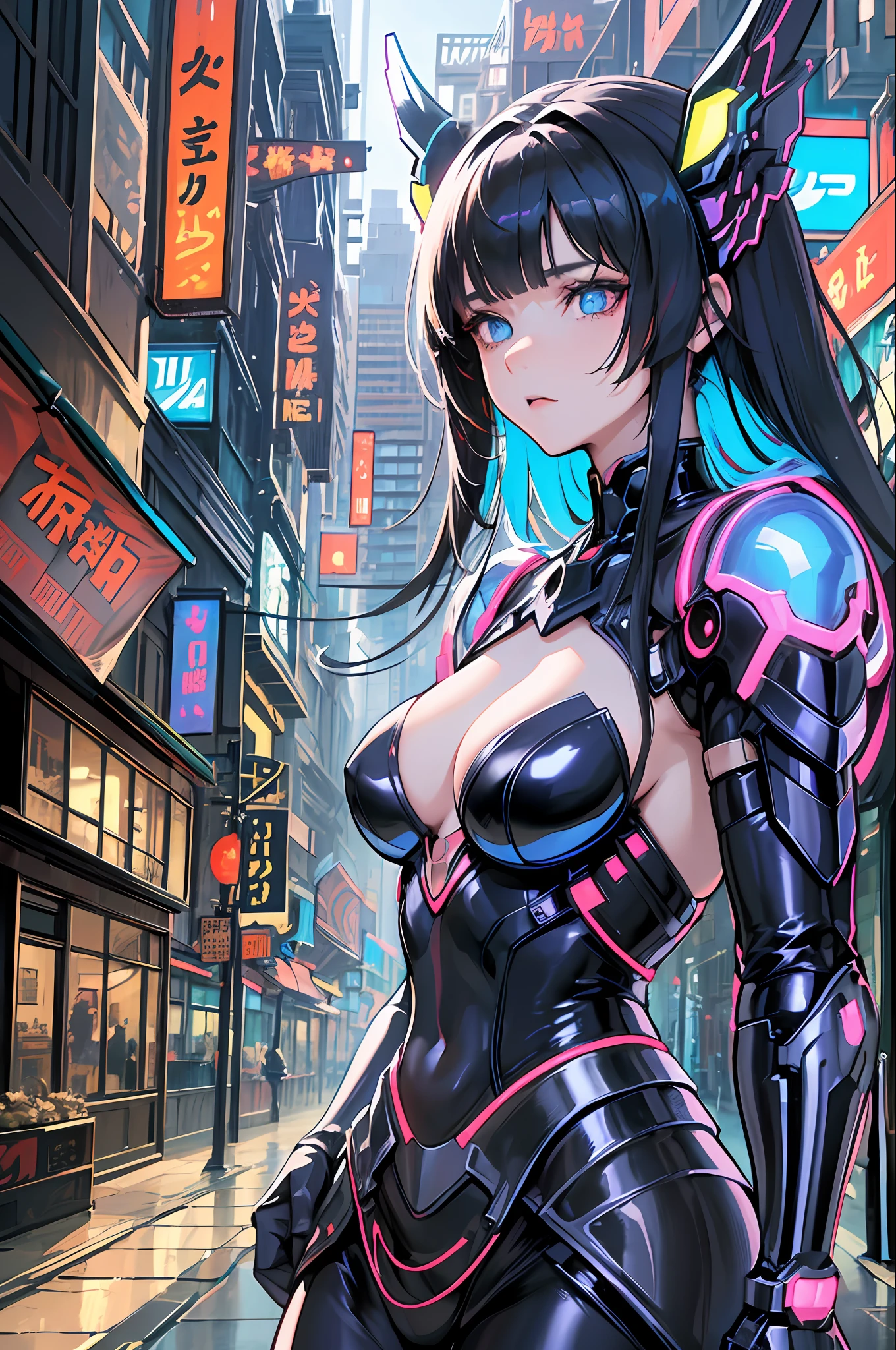 masterpiece,best quality,ultra-detailed,very detailed illustrations,extremely detailed,intricate details,highres,super complex details,extremely detailed 8k cg wallpaper, caustics,reflection,ray tracing, 1girl:1.4), solo, alone, (blue_theme:1.3), (grey_theme:1.3), (mecha musume, mechanical parts ,robot joints, mechanical arm, mechanical legs, headgear, intricate mechanical bodysuit, mechanical energy wings), (robes), very long hair, black hair, blue eyes, glowing eye, eye trail, random expressions, random action, tokyo, city, alley, dark alley, night time, raining, neon lights, detailed background, ((masterpiece)), absurdres, HDR,  (Classic headshot pose), extremely detailed 8K wallpaper,cyberpunk city,masterpiece,highres,detailed manga illustration,